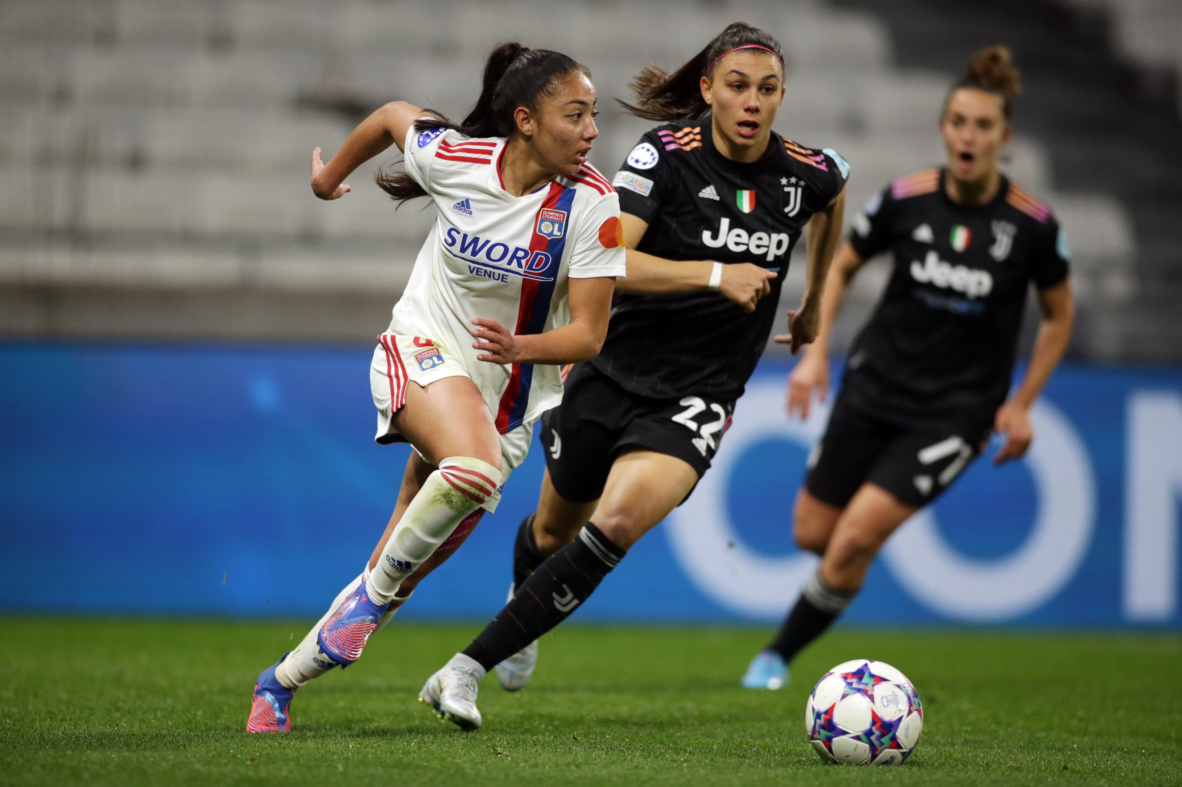 LYON, FRANCE - MARCH 31: Selma Bacha (L) of Lyon and Agnese Bonfantini (2L) in action during the UEFA Women's Champions League Quarter Final Second Leg match between Olympique Lyon and Juventus at on March 31, 2022 in Lyon, France. (Photo by Johannes Simon - UEFA/UEFA via Getty Images) *** Local Caption *** Selma Bacha, Agnese Bonfantini