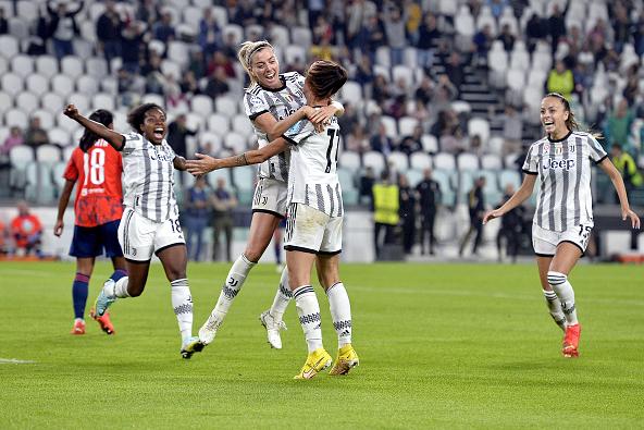 TURIN, ITALY - OCTOBER 27: Barbara Bonansea of Juventus Women celebrates with Linda Sembrant their side\\'s first goal, an own goal by Melvine Malard of of Olympique Lyonnais during the UEFA Women\\'s Champions League group C match between Juventus and Olympique Lyonnais at Allianz Stadium on October 27, 2022 in Turin, Italy. (Photo by Filippo Alfero - Juventus FC/Juventus FC via Getty Images)