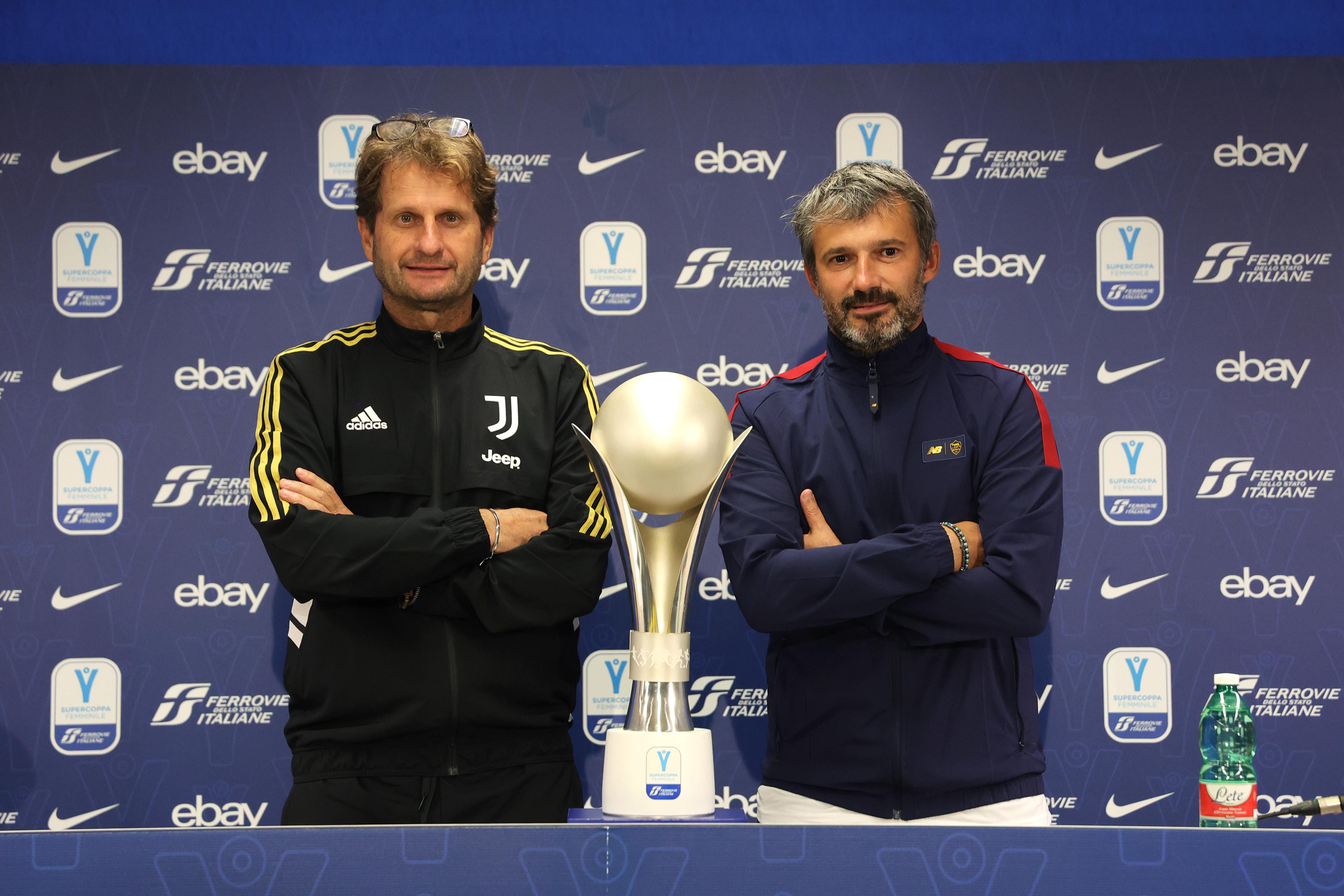 PARMA, ITALY - NOVEMBER 04: Head coach of Juventus Women Joe Montemurro and Head coach of Roma Women Alessandro Spugna during the Juventus Women Press Conference on the eve of the Italian Women's Super Cup, on November 04, 2022 in Parma, Italy. (Photo by Claudia Greco/Getty Images)