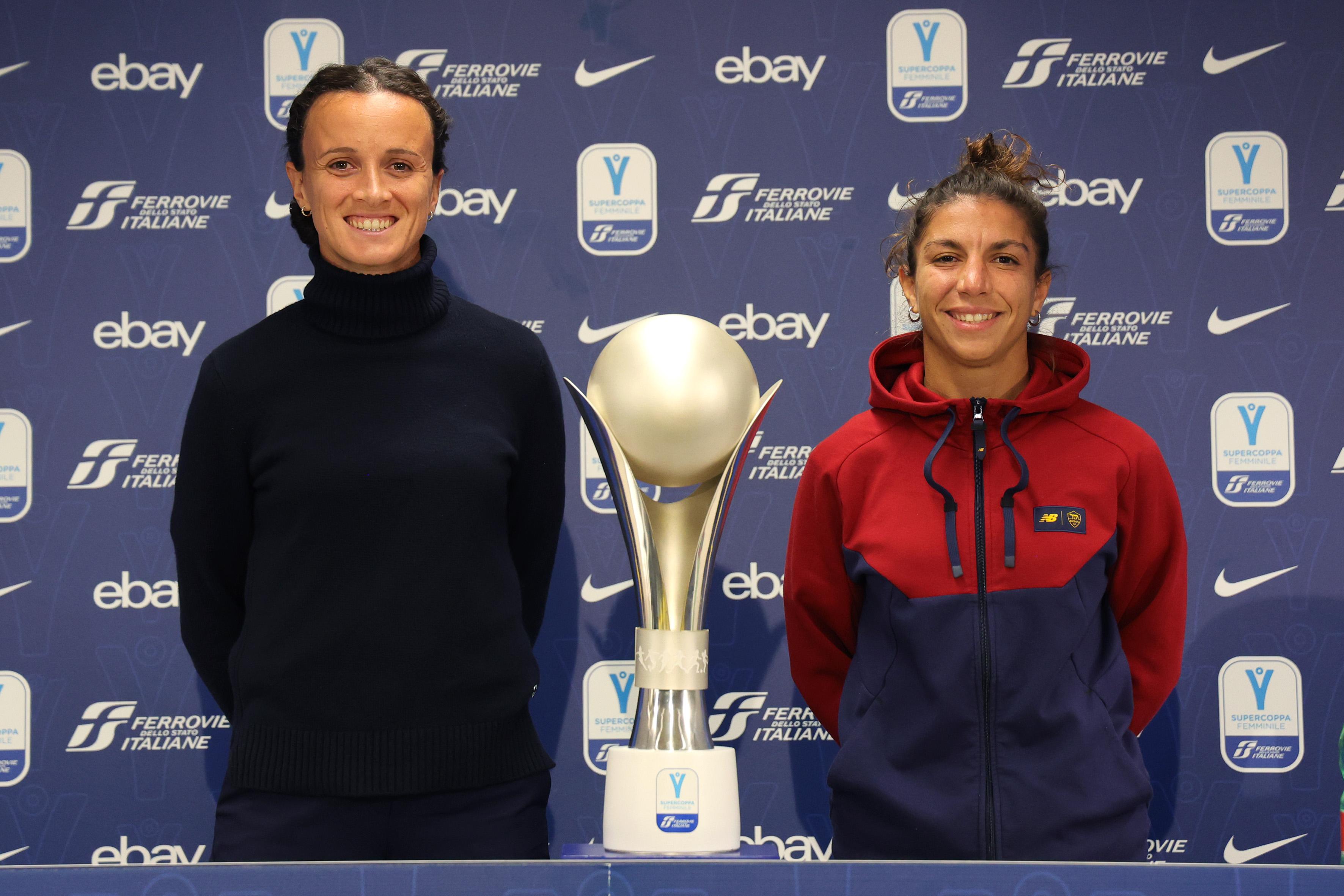 PARMA, ITALY - NOVEMBER 04: Barbara Bonansea of Juventus Women and Elisa Bartoli of Roma during the Juventus Women Press Conference on the eve of the Italian Women's Super Cup, on November 04, 2022 in Parma, Italy. (Photo by Claudia Greco/Getty Images)