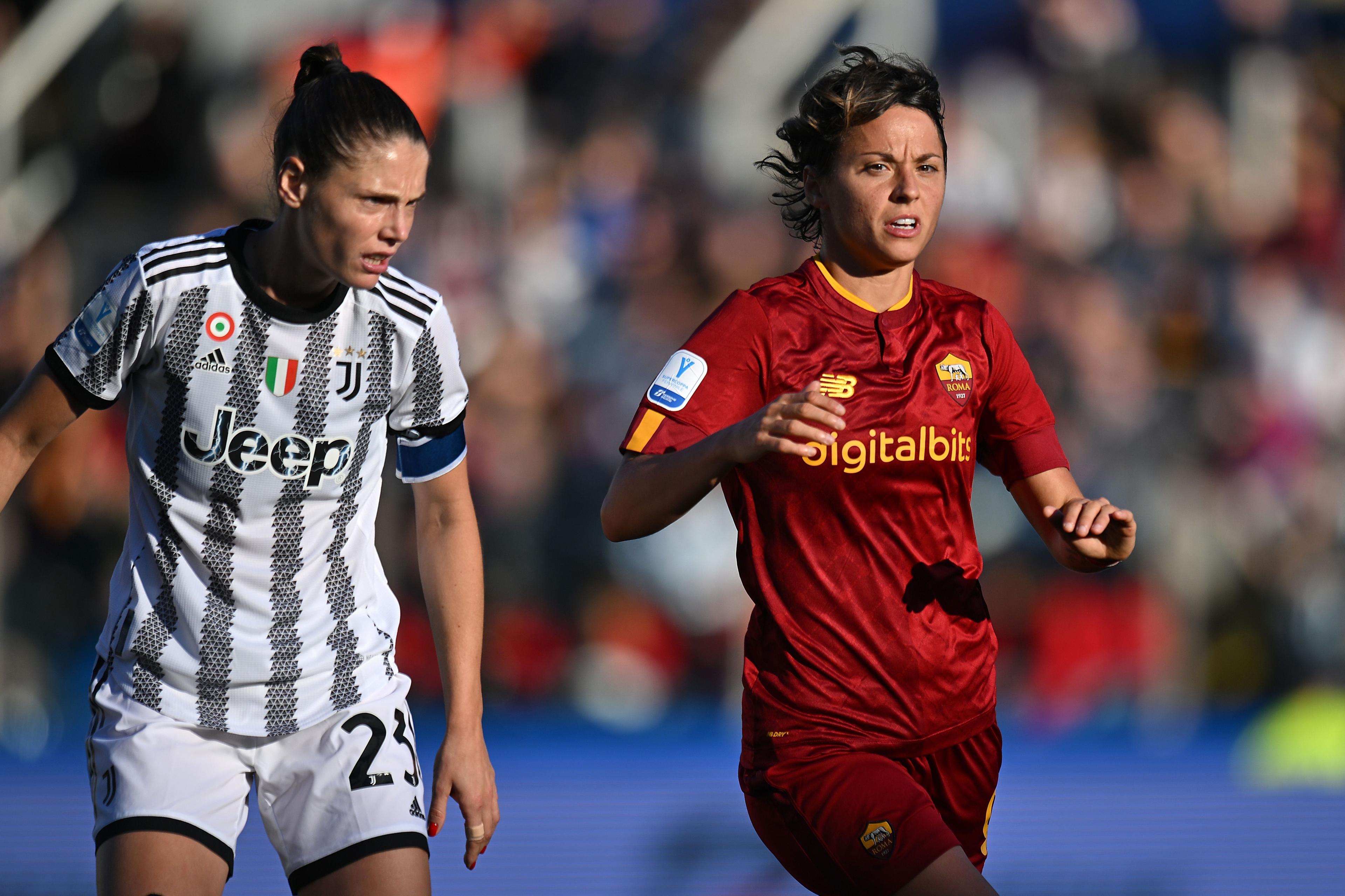 PARMA, ITALY - NOVEMBER 05: Valentina Giacinti of AS Roma women looks on during the Italian Women's Super Cup match between Juventus and AS Roma on November 05, 2022 in Parma, Italy. (Photo by Alessandro Sabattini/Getty Images)