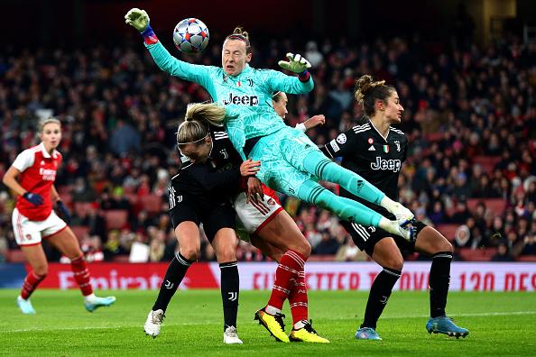 LONDON, ENGLAND - DECEMBER 07: Pauline Peyaud-Magnin of Juventus comes to punch a cross during the UEFA Women\\'s Champions League group C match between Arsenal  and Juventus at Emirates Stadium on December 07, 2022 in London, England. (Photo by Clive Rose/Getty Images)