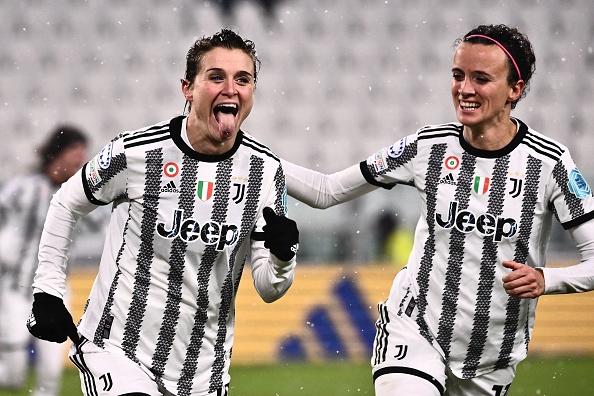 Juventus\\' Italian forward Cristiana Girelli (L) celebrates after scoring a penalty during the Women\\'s UEFA Champions League Group C football match between Juventus and Zurich on December 15, 2022 at the Juventus stadium in Turin. (Photo by Marco BERTORELLO / AFP) (Photo by MARCO BERTORELLO/AFP via Getty Images)