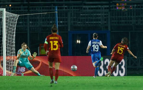 ROME, ITALY - DECEMBER 16: Annamaria Serturini of AS Roma scores her team's first goal during the UEFA Women's Champions League group B match between AS Roma and SKN St. Pölten at on December 16, 2022 in Rome, Italy. (Photo by Matteo Ciambelli/DeFodi Images via Getty Images)