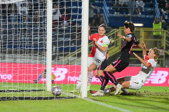 Latina, ITALY - OCTOBER 20: Valentina Giacinti scores the first goal for her team during the UEFA Women's Champions League group B match between AS Roma and Slavia Praha at Stadio Francioni on October 20, 2022 in Latina, Italy. (Photo by Fabio Rossi/AS Roma via Getty Images)