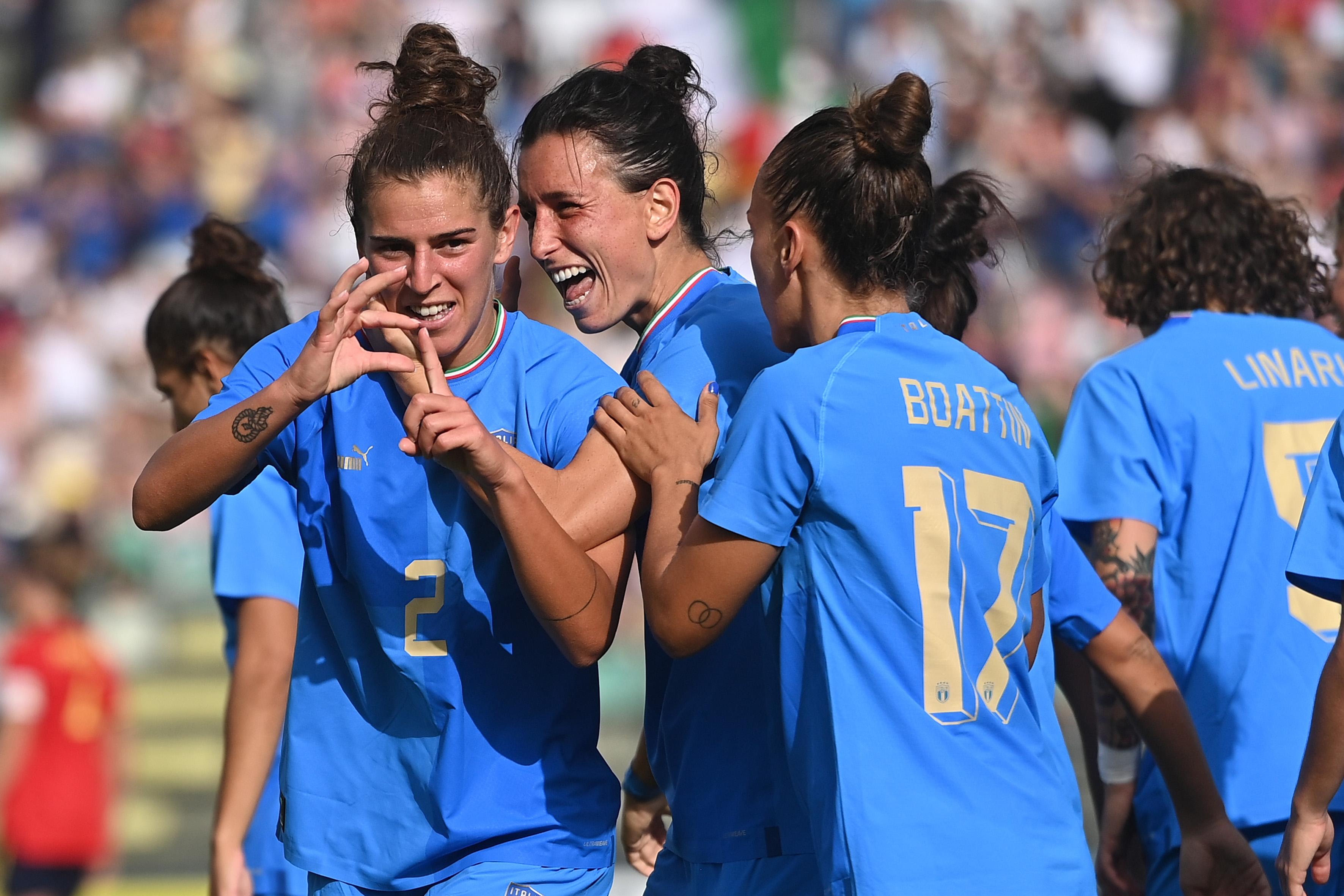 CASTEL DI SANGRO, ITALY - JULY 01: Valentina Bergamaschi of Italy celebrates after scoring the opening goal during the Women\\'s International friendly match between Italy and Spain at Teofilo Patini Stadium on July 01, 2022 in Castel di Sangro , Italy. (Photo by Tullio M. Puglia/Getty Images)