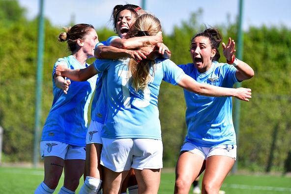 ROME, ITALY - MAY 05: Maja Eva Gothberg of SS Lazio women celebrates the opening goal with team mates during the Serie B match between  SS Lazio women and Ternana women at the Formello sport centre on May 05, 2024 in Rome, Italy. (Photo by Marco Rosi - SS Lazio/Getty Images)