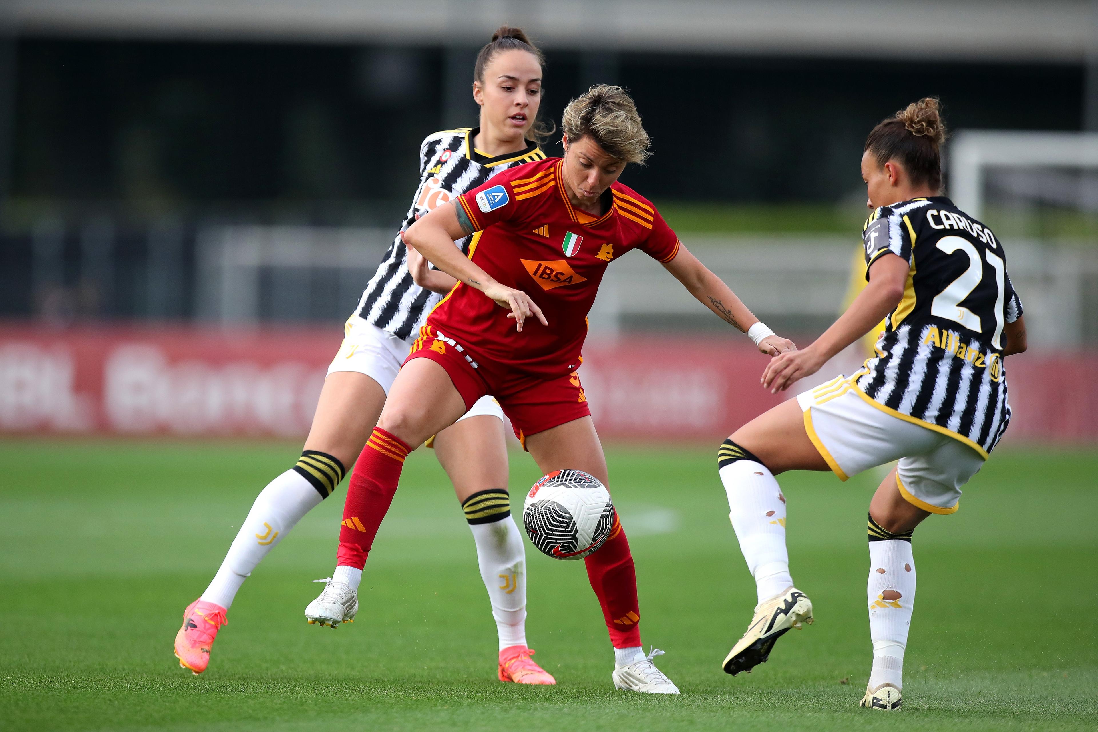 ROME, ITALY - APRIL 15: Julia Angel Grosso of Juventus competes for the ball with Valentina Giacinti of AS Roma during the Women Serie A playoffs match between AS Roma and Juventus at Stadio Tre Fontane on April 15, 2024 in Rome, Italy. (Photo by Paolo Bruno/Getty Images)