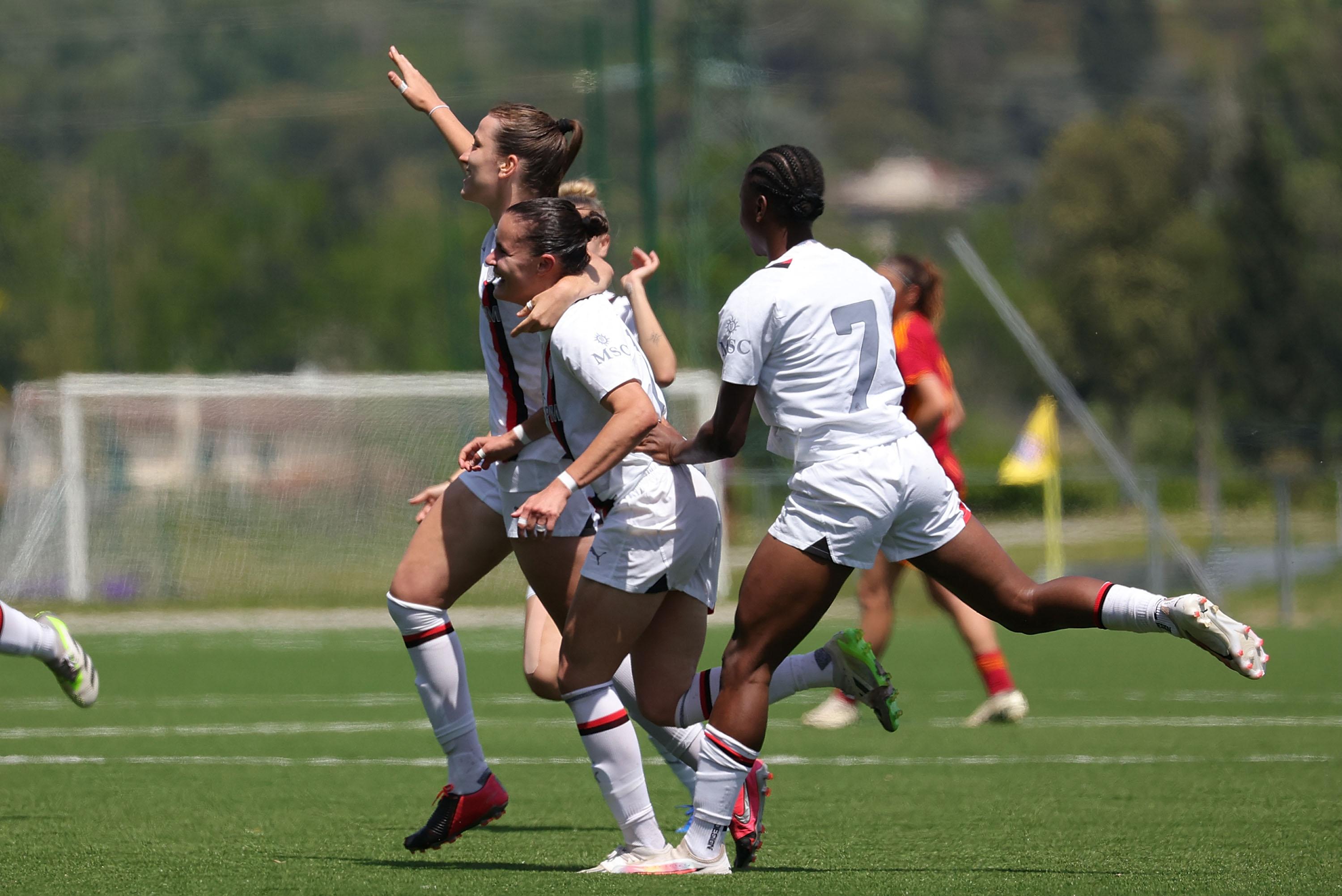 FLORENCE, ITALY - MAY 9: Monica Renzotti of AC Milan U19 Women celebrates after scoring a goal during the Primavera 1 Semi-final match between AS Roma U19 and AC Milan U19 on May 9, 2024 in Florence, Italy. (Photo by Gabriele Maltinti/Getty Images) *** Local Caption *** Monica Renzotti