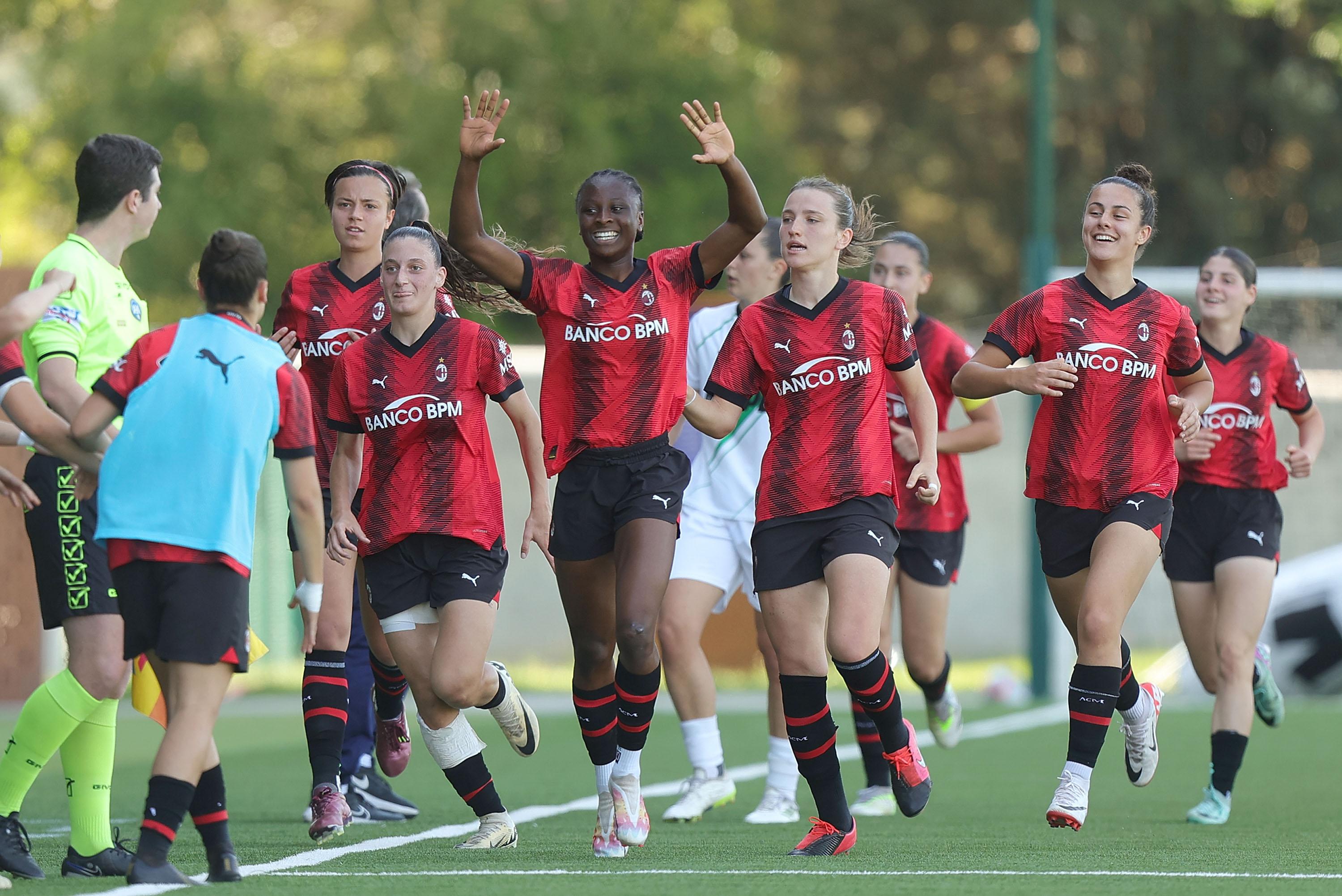 FLORENCE, ITALY - MAY 11: Karen Appiah Amoakoah of AC Milan U19 Women celebrates after scoring a goal during the Primavera 1 Final match between Sassuolo U19 and AC Milan U19 on May 11, 2024 in Florence, Italy. (Photo by Gabriele Maltinti/Getty Images) *** Local Caption *** Karen Appiah Amoakoah