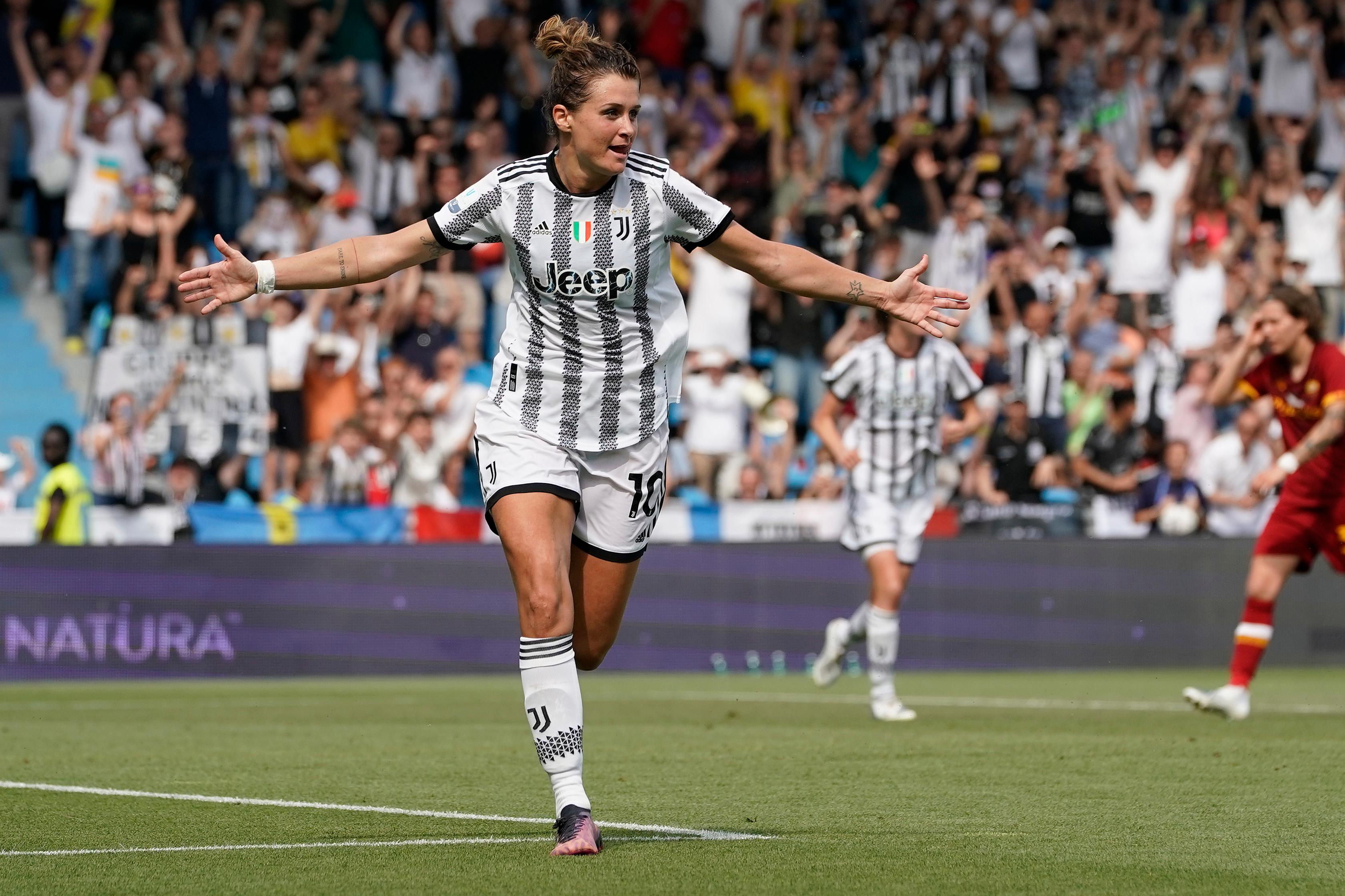 FERRARA, ITALY - MAY 22: Cristiana Girelli of Juventus Women celebrate after scoring a goal during the Women Coppa Italia Final between Juventus and AS Roma at Stadio Paolo Mazza on May 22, 2022 in Ferrara, Italy. (Photo by Danilo Di Giovanni/Getty Images)