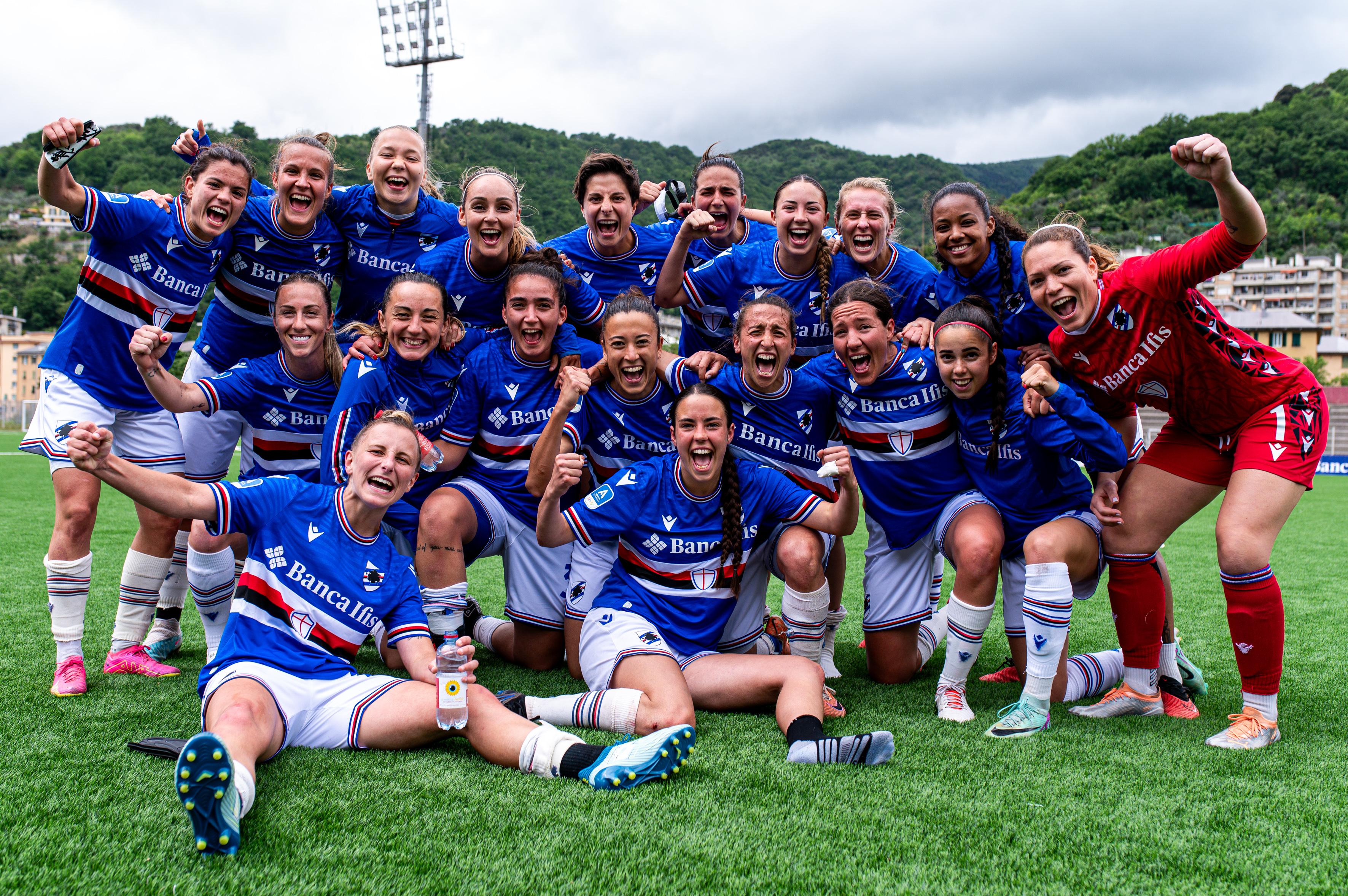 GENOA, ITALY - MAY 5: Sampdoria's players celebrate after the Women Serie A Playouts match between UC Sampdoria and Napoli at Sciorba Stadium on May 5, 2024 in Genoa, Italy. (Photo by Simone Arveda/Getty Images)
