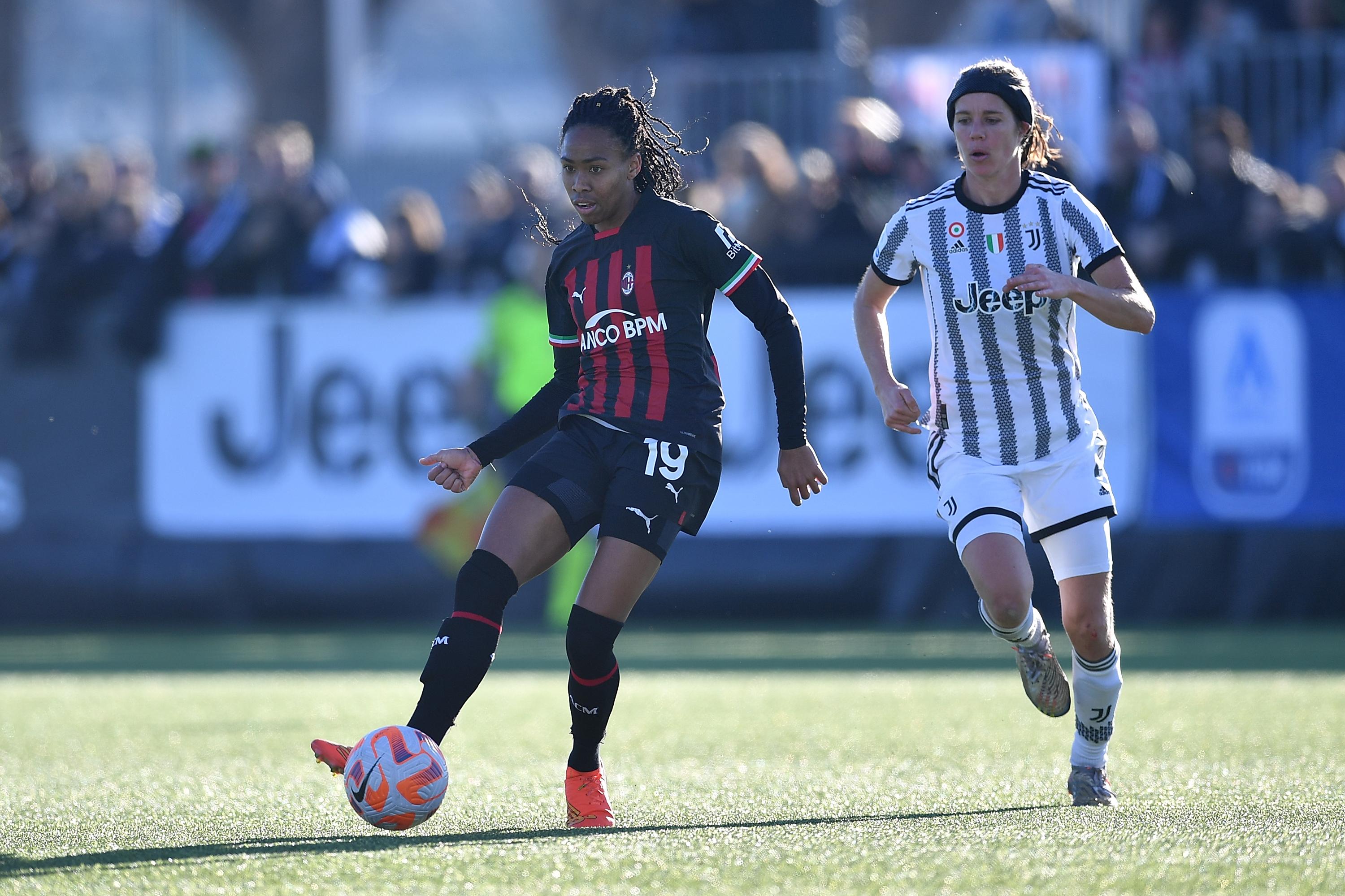 VINOVO, ITALY - FEBRUARY 04: Lindsey Thomas of AC Milan in action during the Women Serie A match between Juventus and AC Milan at Juventus Center Vinovo on February 4, 2023 in Vinovo, Italy. (Photo by Valerio Pennicino/Getty Images) *** Local Caption *** Lindsey Thomas