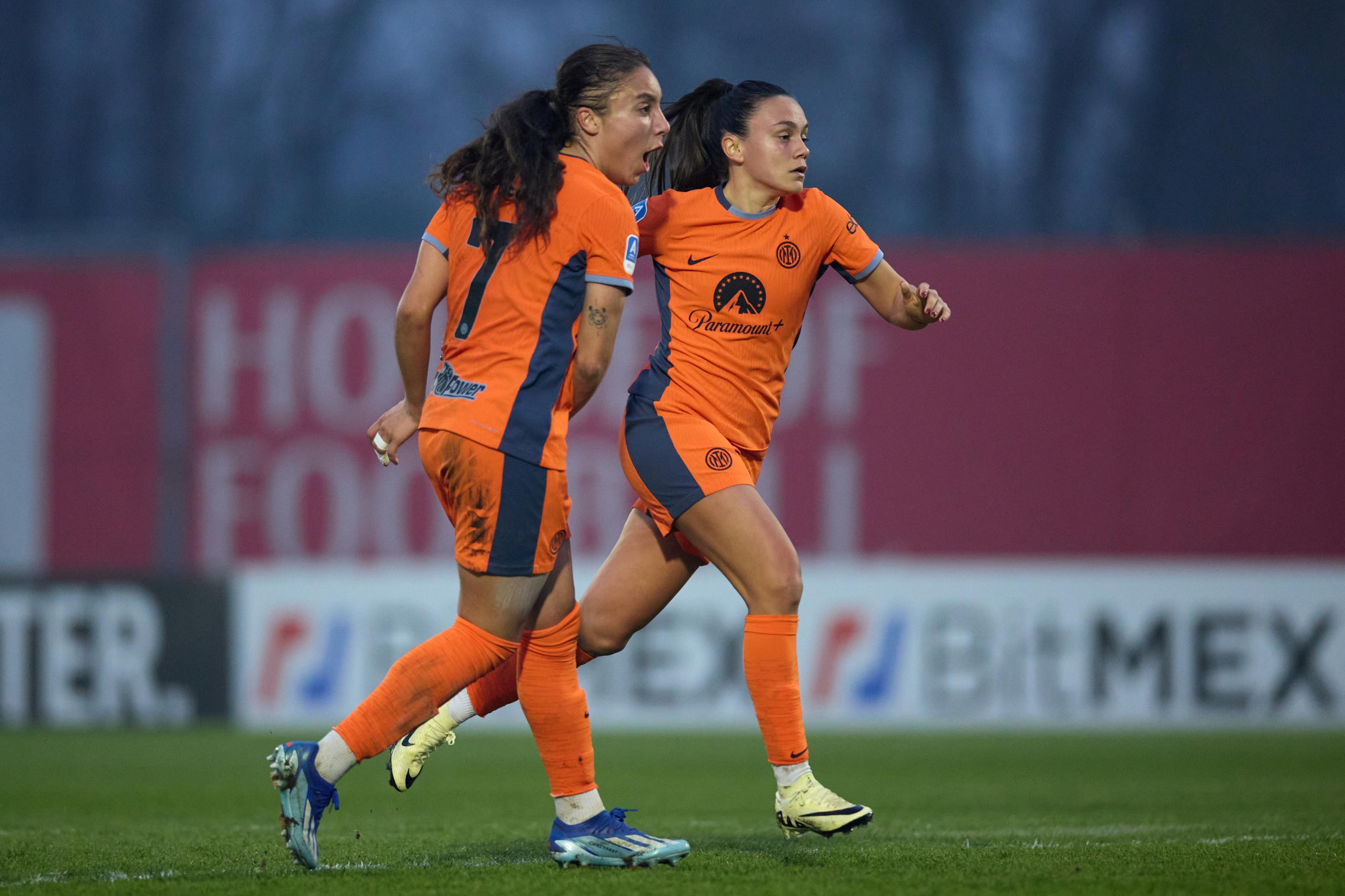MILAN, ITALY - FEBRUARY 18: Annamaria Serturini of FC Internazionale celebrates after scoring her team's first goal during the Women Serie A match AC Milan v FC Internazionale at Vismara PUMA House of Football on February 18, 2024 in Milan, Italy. (Photo by Francesco Scaccianoce/Getty Images)
