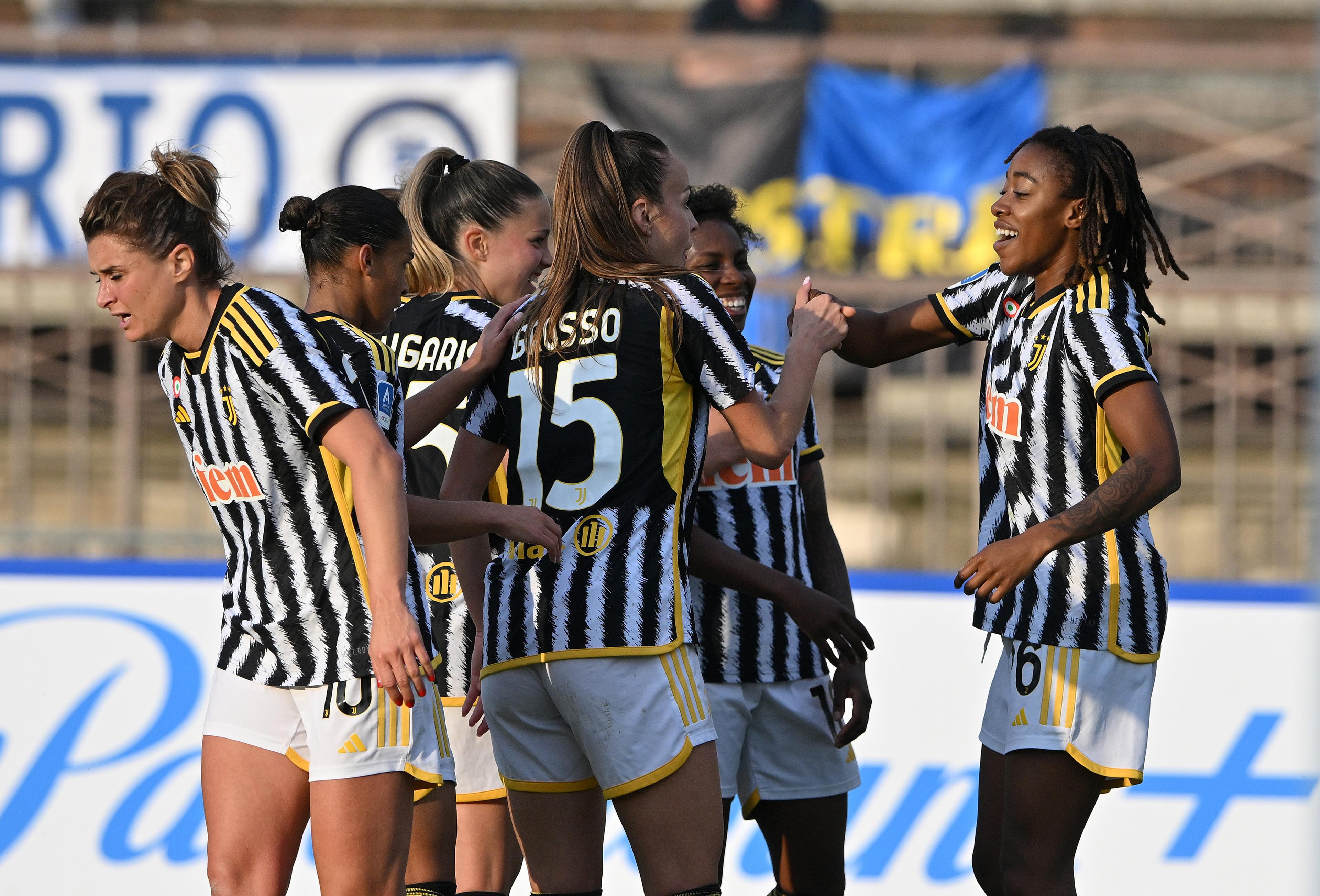 MILAN, ITALY - MARCH 17: Jennifer Echegini of Juventus Women celebrates goal with teammates during the Women Serie A Playoffs match between FC Internazionale and Juventus at Arena Civica Gianni Brera on March 17, 2024 in Milan, Italy. (Photo by Chris Ricco/Getty Images)