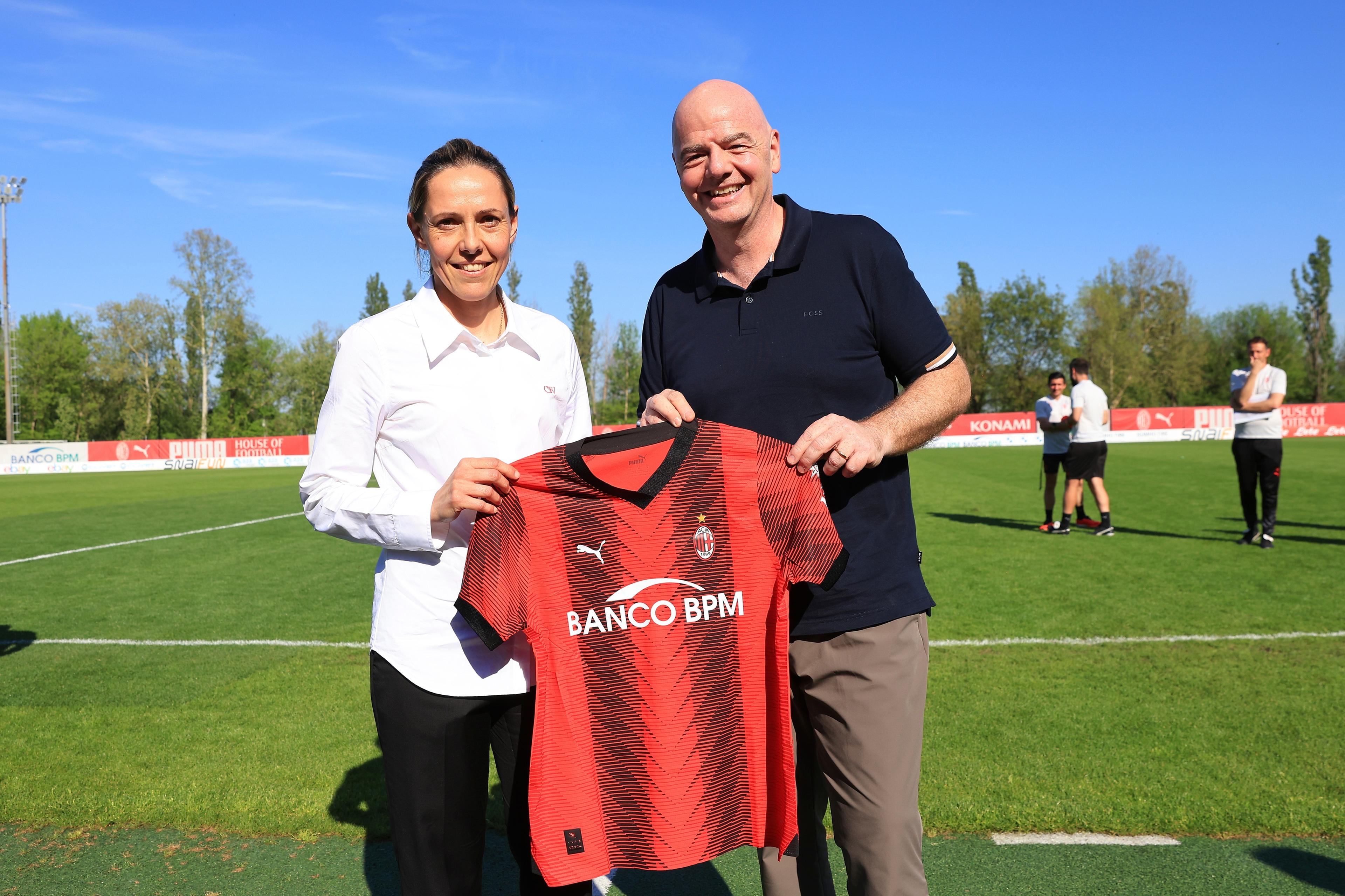 MILAN, ITALY - APRIL 14: FIFA President Gianni Infantino (R) and Elisabeth Spina (L) Head of Women Football of AC Milan looks on at end of the Women Serie A eBay Poule Salvezza match between AC Milan and Napoli at Vismara PUMA House of Football on April 14, 2024 in Milan, Italy. (Photo by Giuseppe Cottini/AC Milan via Getty Images)