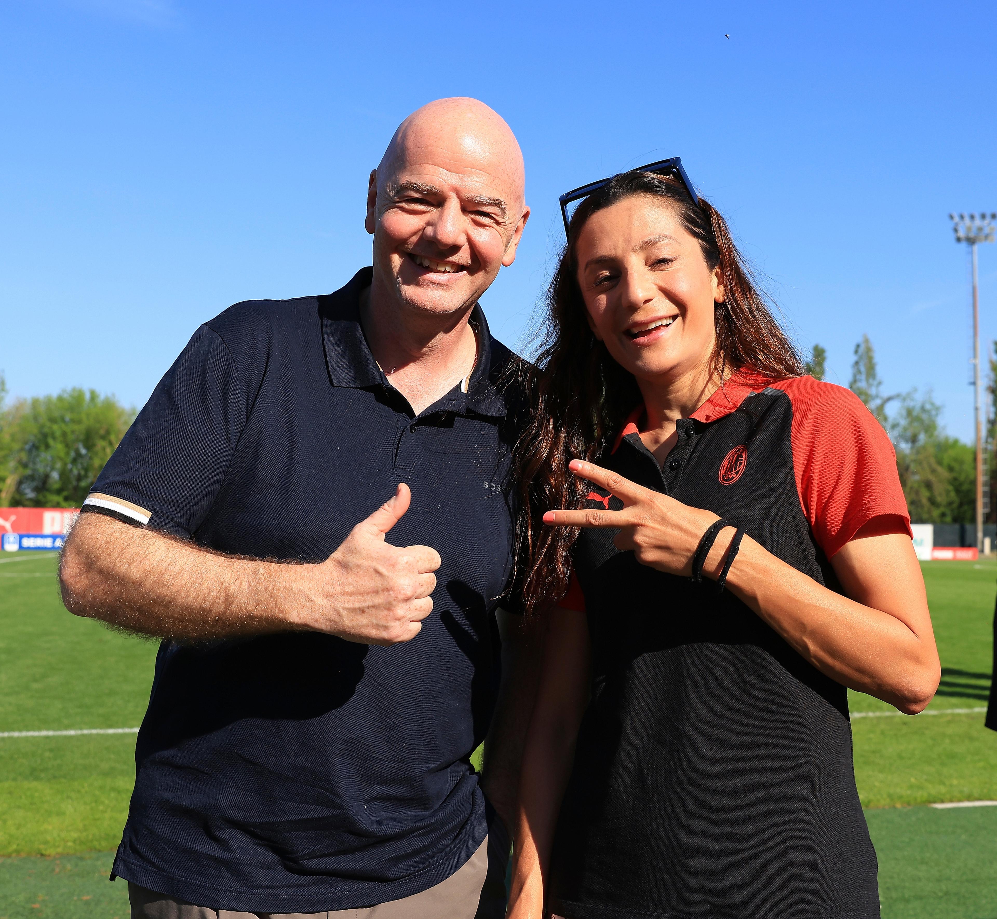 MILAN, ITALY - APRIL 14: FIFA President Gianni Infantino and Nadia Nadim looks on at end of the Women Serie A eBay Poule Salvezza match between AC Milan and Napoli at Vismara PUMA House of Football on April 14, 2024 in Milan, Italy. (Photo by Giuseppe Cottini/AC Milan via Getty Images)