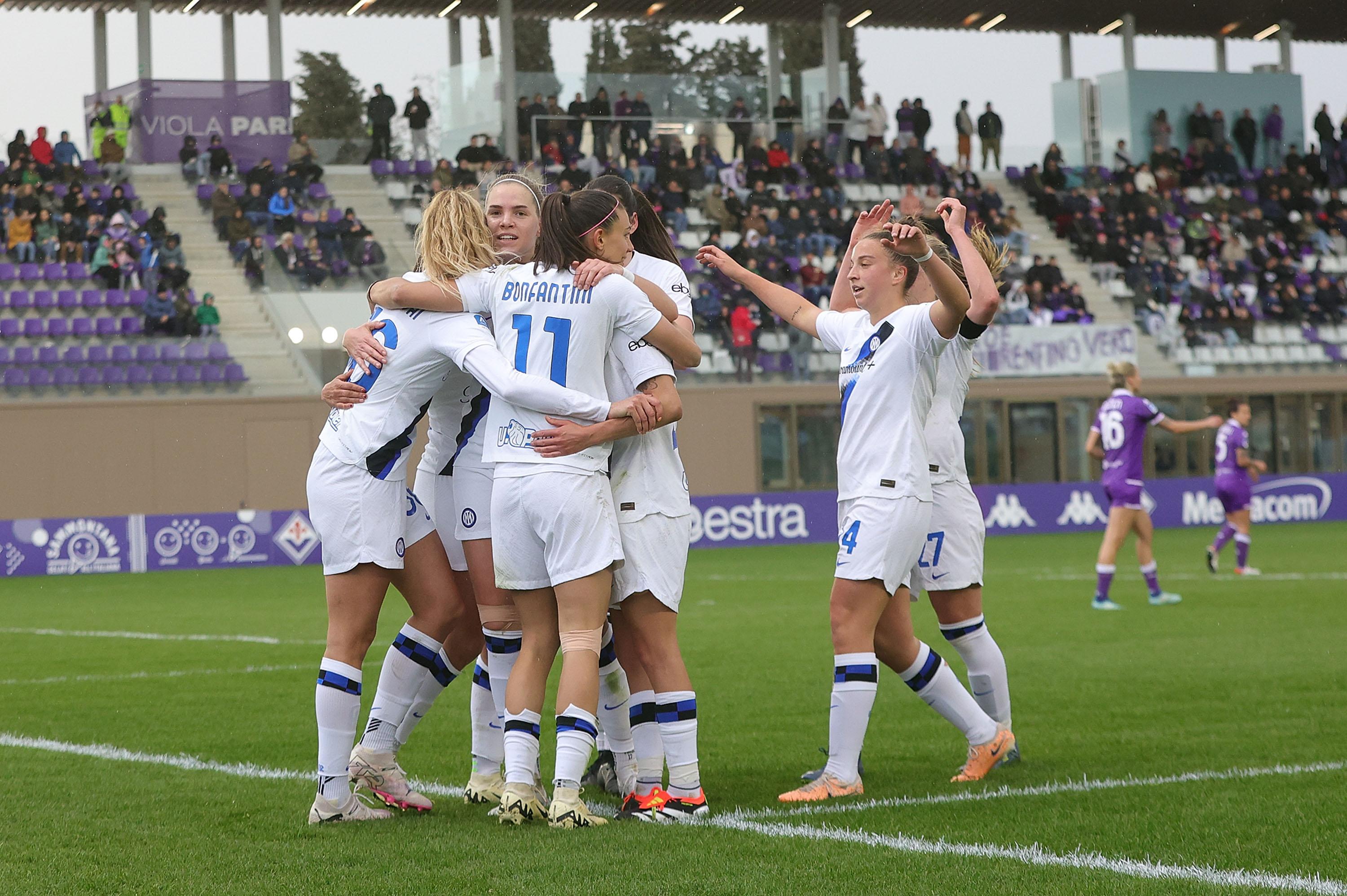 BAGNO A RIPOLI, ITALY - MARCH 24: Lina Magull of FC Internazionale celebrates after scoring a goal during the Women Serie A Playoffs match between Fiorentina and FC Internazionale at Viola Park on March 24, 2024 in Bagno a Ripoli, Italy. (Photo by Gabriele Maltinti/Getty Images) *** Local Caption *** Lina Magull