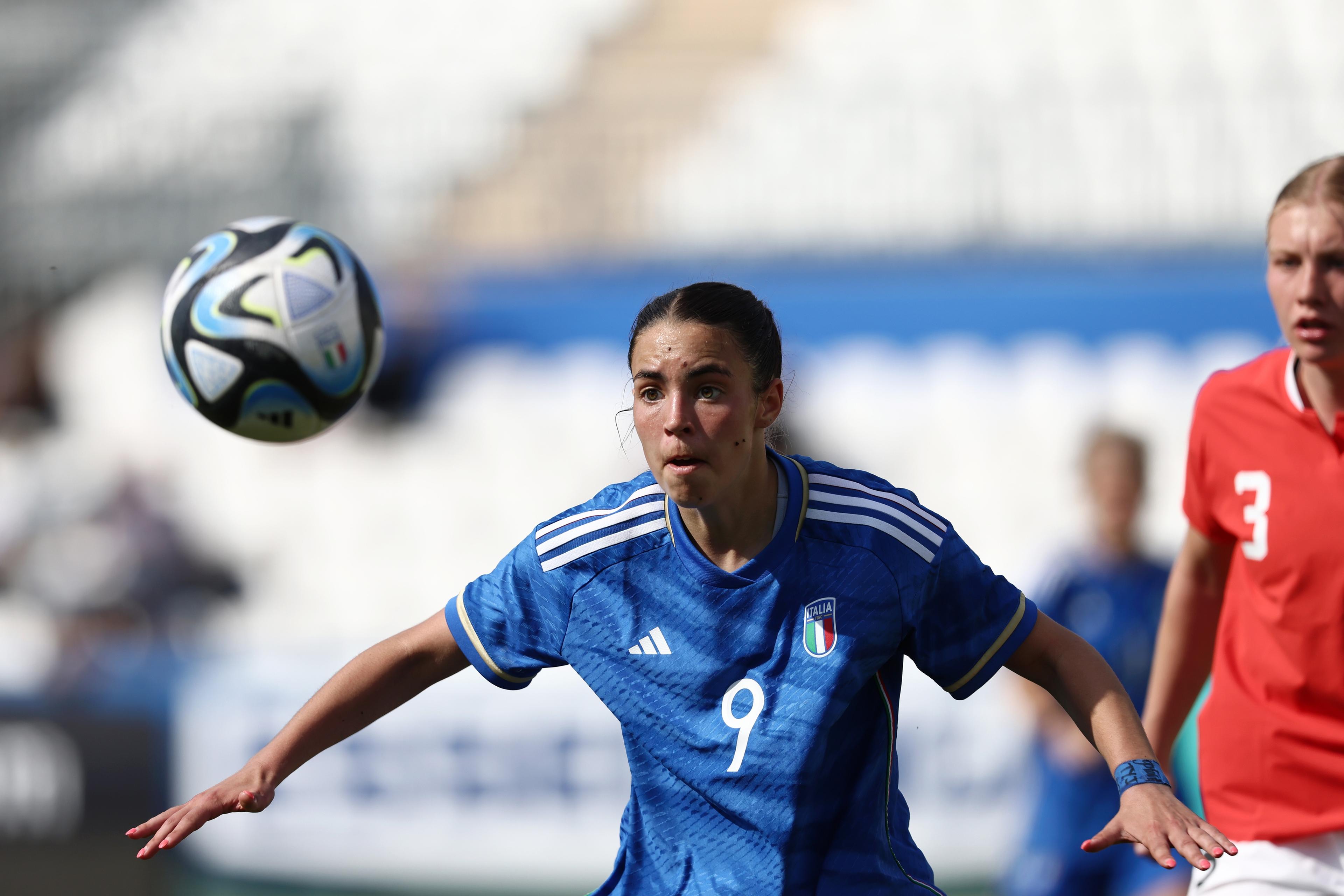 VERCELLI, ITALY - APRIL 11: Victoria Marie Della Peruta of Italy in action during the UEFA Women's Under 19 Championship match between Italy U19 and Austria U19 on April 11, 2023 in Vercelli, Italy. (Photo by Francesco Scaccianoce/Getty Images)