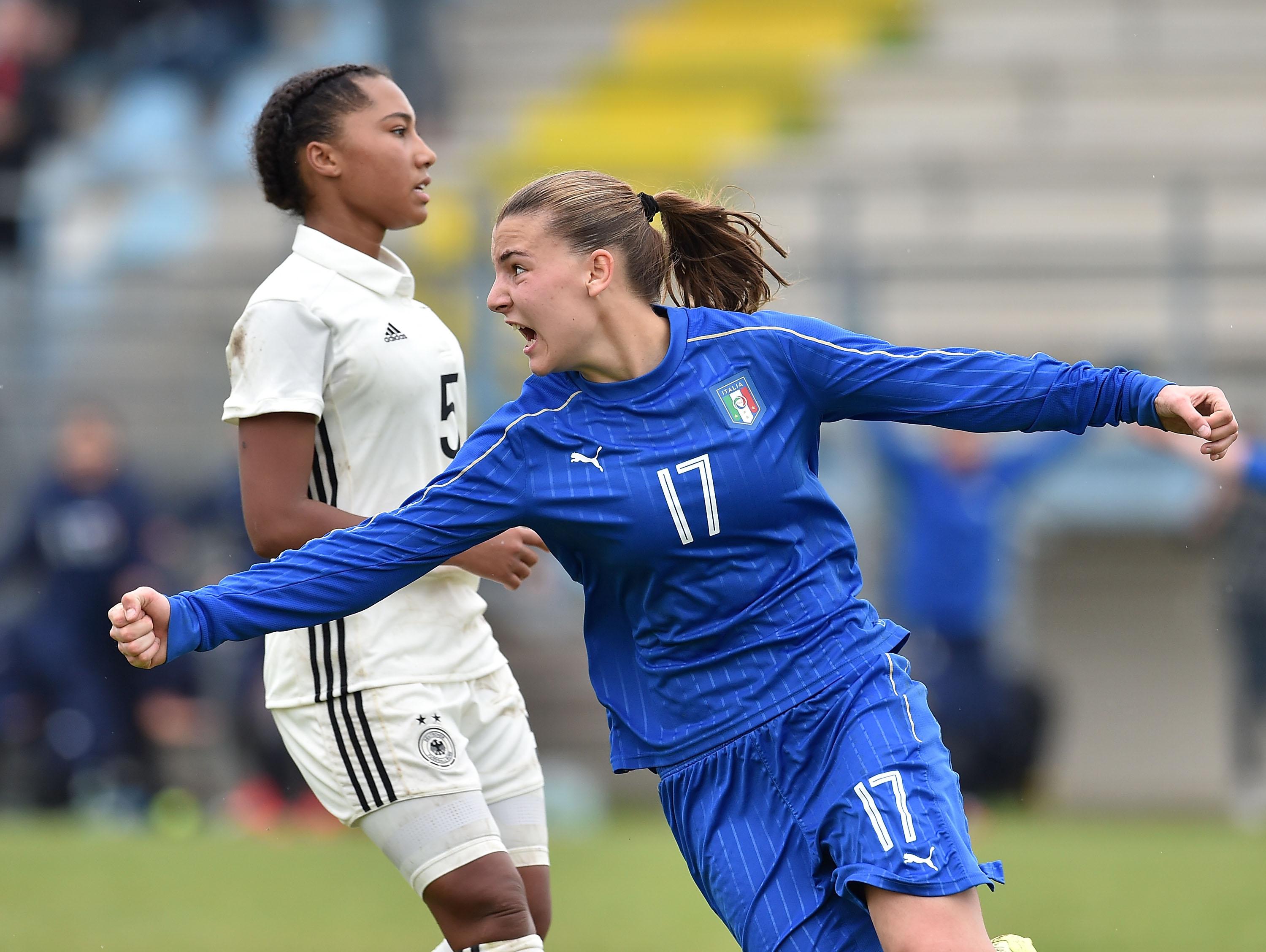 MONFALCONE, ITALY - APRIL 26: Teresa Fracas of Italy U16 celebrates after scoring the opening goal during the 2nd Female Tournament 'Delle Nazioni' match between Germany U16 and Italy U16 on April 26, 2017 in Monfalcone, Italy. (Photo by Giuseppe Bellini/Getty Images)
