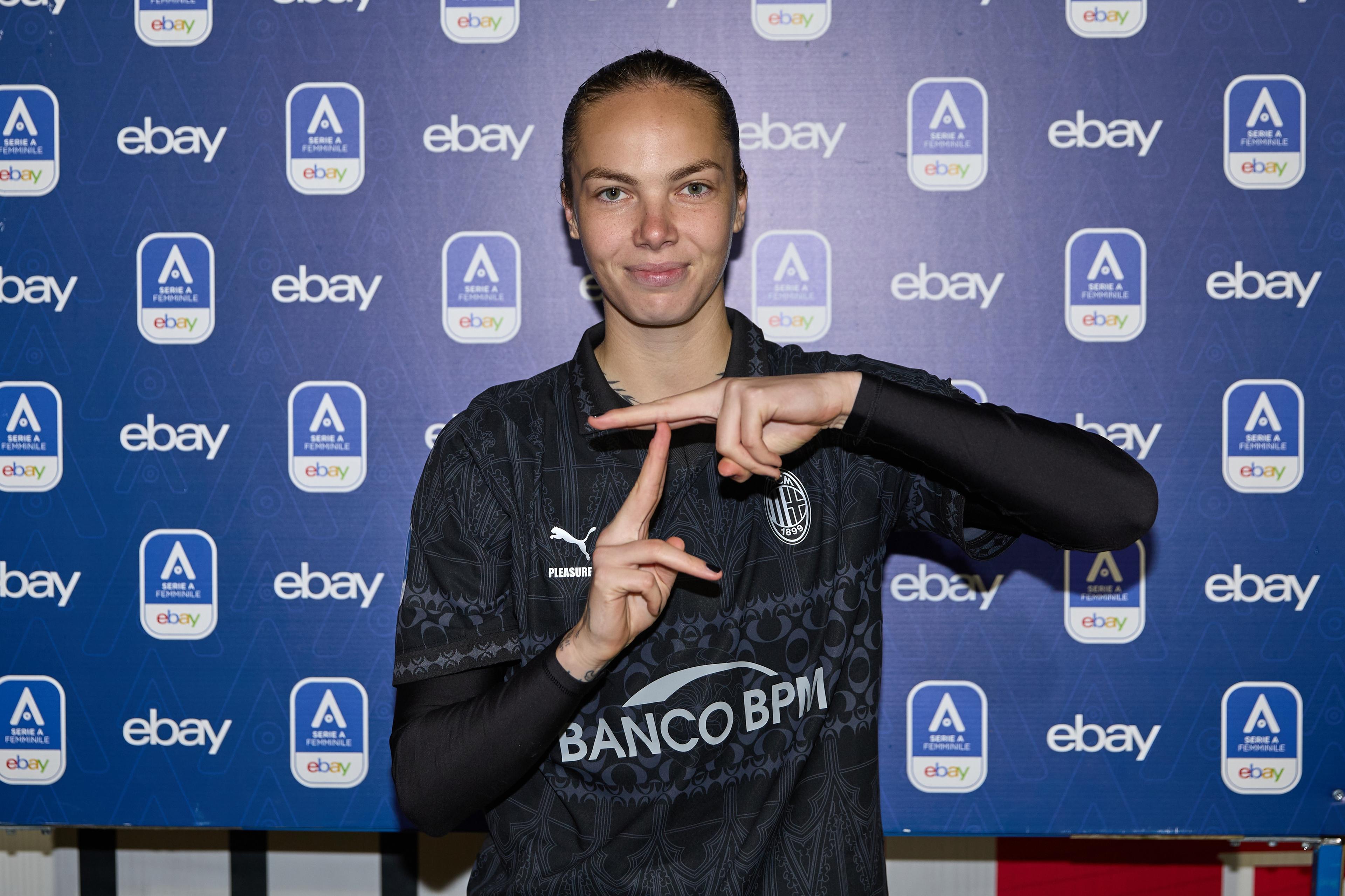 MILAN, ITALY - FEBRUARY 18: Andrea Staskova of AC Milan poses for a photo after being nominated Player of the Match during the Women Serie A match AC Milan v FC Internazionale at Vismara PUMA House of Football on February 18, 2024 in Milan, Italy. (Photo by Francesco Scaccianoce/Getty Images)