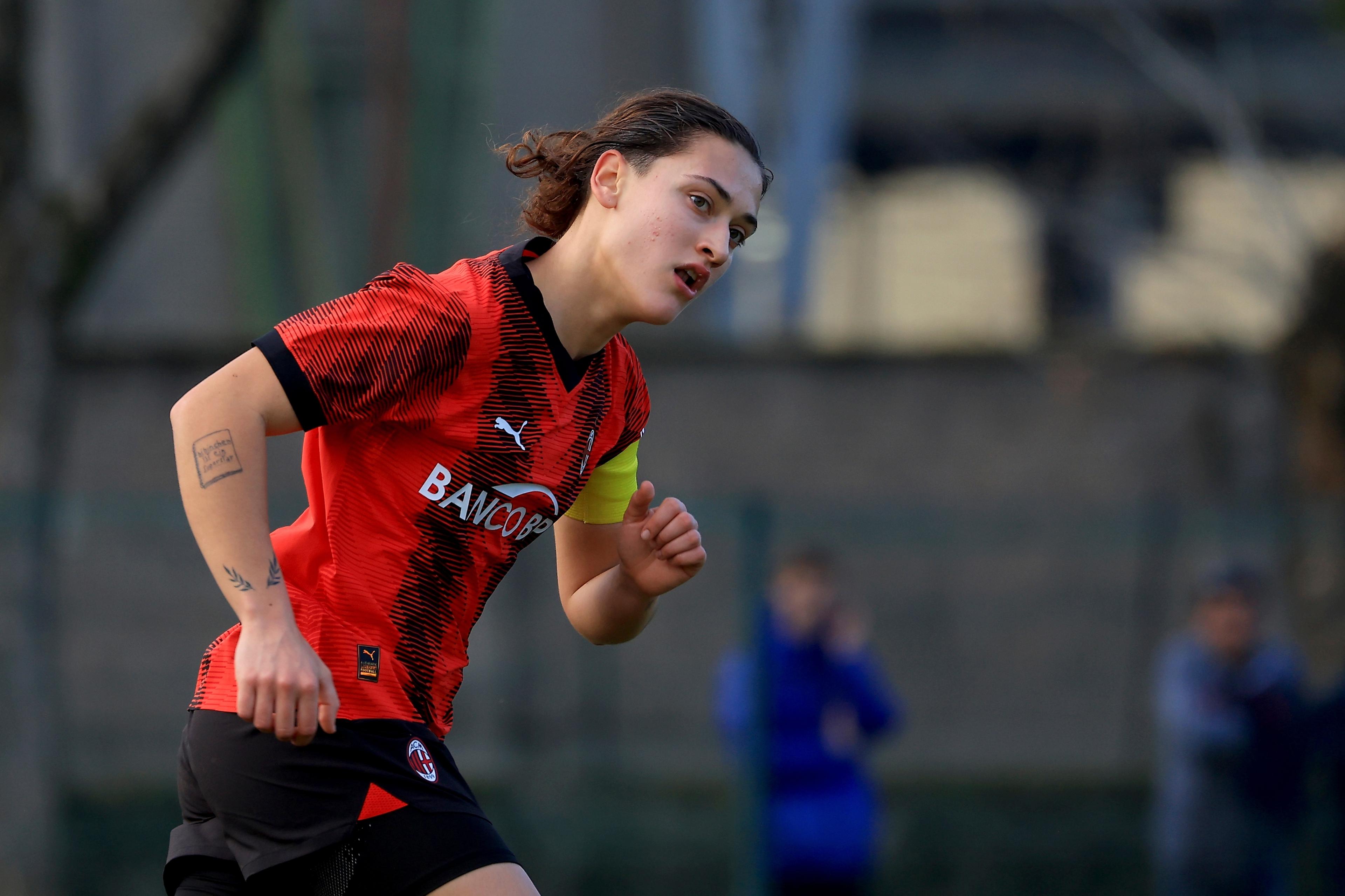 MILAN, ITALY - FEBRUARY 04: Nadine Sorelli of AC Milan U19 looks on during the Primavera 1 match between AC Milan Women U19 and AS Roma Women U19 at Vismara PUMA House of Football on February 04, 2024 in Milan, Italy. (Photo by Giuseppe Cottini/AC Milan via Getty Images)