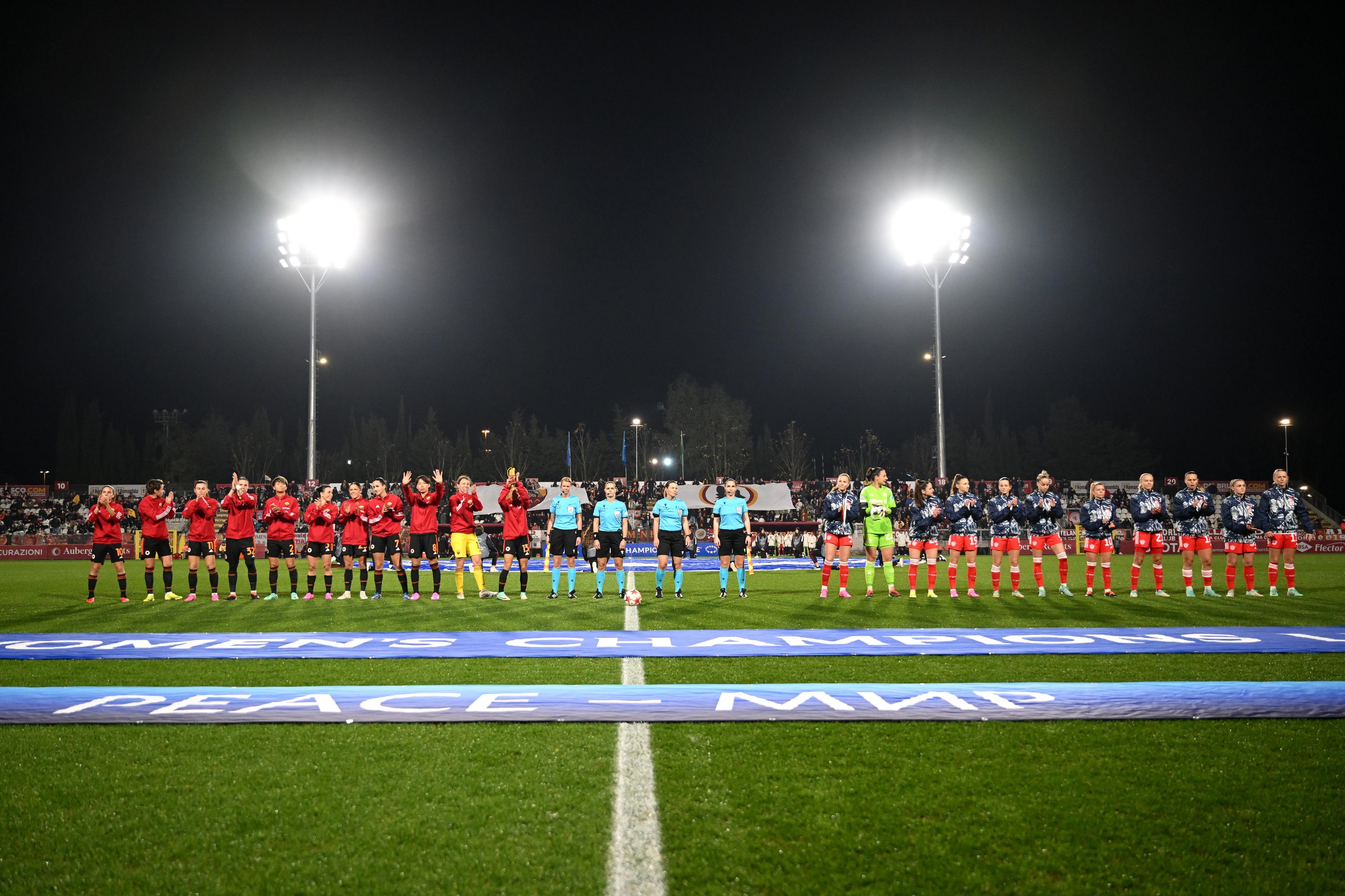ROME, ITALY - JANUARY 24: Players of AS Roma and Bayern Munich line up prior to the UEFA Women's Champions League group stage match between AS Roma and FC Bayern München at Stadio Tre Fontane on January 24, 2024 in Rome, Italy. (Photo by Tullio Puglia - UEFA/UEFA via Getty Images)