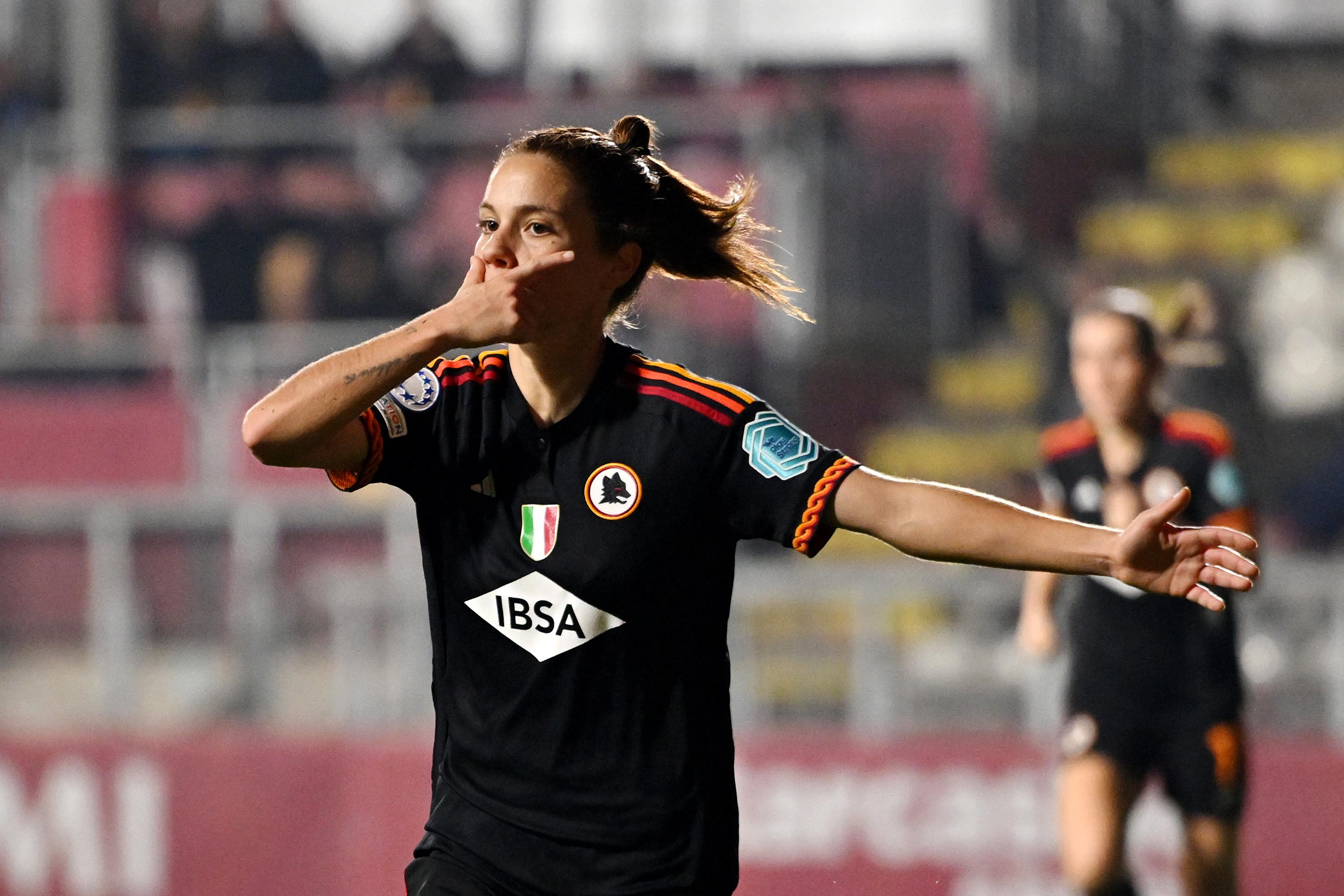 ROME, ITALY - JANUARY 24: Manuela Giugliano of AS Roma celebrates after scoring her team\\'s second goal during the UEFA Women\\'s Champions League group stage match between AS Roma and FC Bayern M\\u00C3\\u00BCnchen at Stadio Tre Fontane on January 24, 2024 in Rome, Italy. (Photo by Tullio Puglia - UEFA/UEFA via Getty Images)