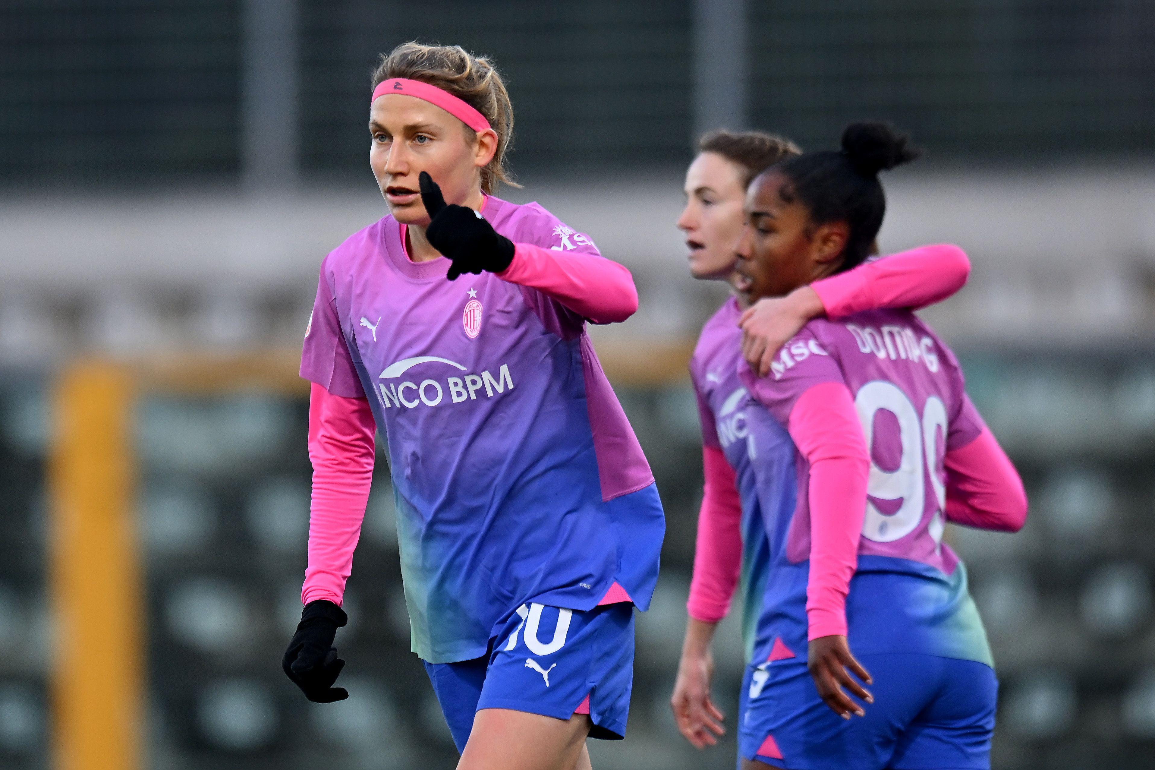 SASSUOLO, ITALY - JANUARY 18: Kamila Dubcov\\u00C3\\u00A0 of AC Milan celebrates after scoring her team third goal during the Women Coppa Italia match betweeen Sassuolo and AC Milan on January 18, 2024 in Sassuolo, Italy. (Photo by AC Milan/AC Milan via Getty Images)