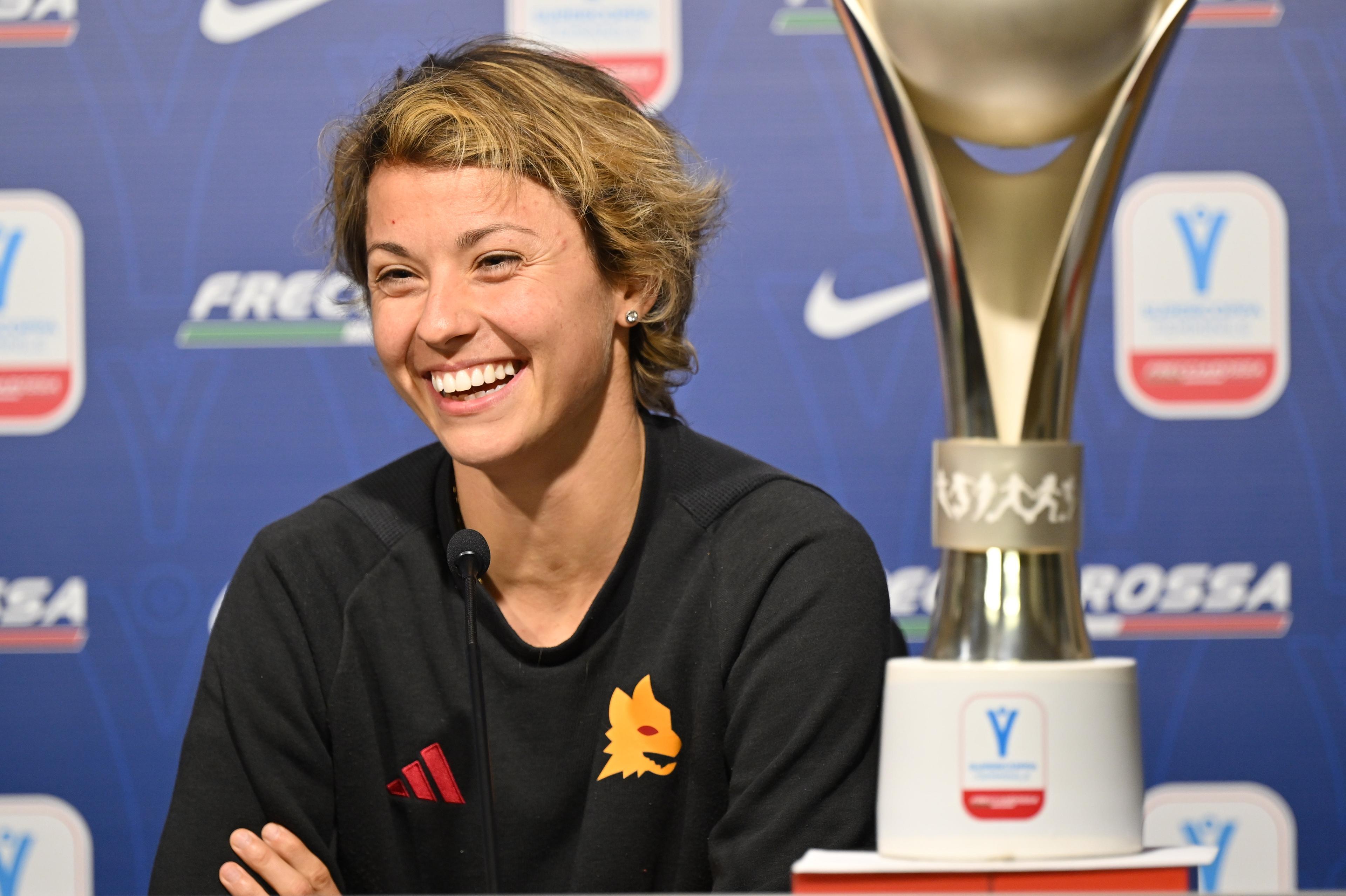 CREMONA, ITALY - JANUARY 06: Valentina Giacinti of AS Roma femminile attends the Italian Women Super Cup's Press conference at Stadio Giovanni Zini on January 06, 2024 in Cremona, Italy. (Photo by Marco M. Mantovani/Getty Images)