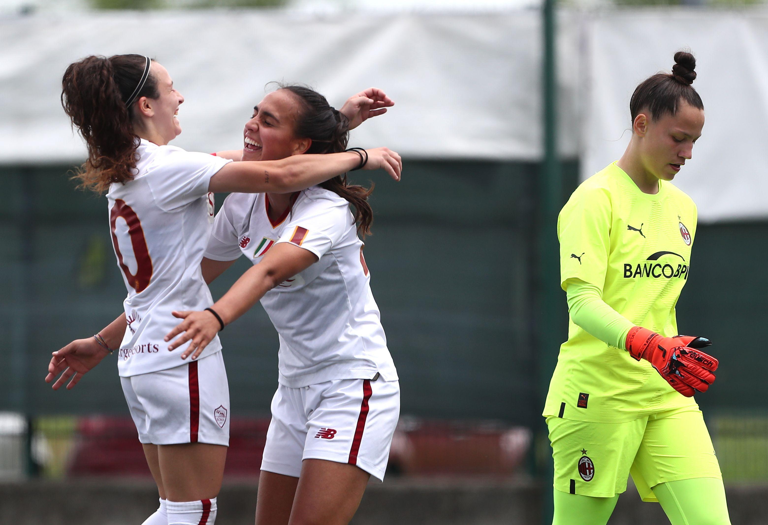 COLOGNO AL SERIO, ITALY - MAY 12: Linda Montesi of AS Roma celebrates her goal with her team-mate Maria Grazia Petrara during the Women Primavera Final Four Semifinal match between AC Milan and AS Roma at Centro Sportivo G.Facchetti on May 12, 2023 in Cologno al Serio, Italy. (Photo by Marco Luzzani/Getty Images)