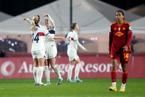 ROME, ITALY - DECEMBER 20: Korbin Albert of Paris Saint-Germain celebrates with teammate Jackie Groenen following the team's victory during the UEFA Women's Champions League group stage match between AS Roma and Paris Saint-Germain at Stadio Tre Fontane on December 20, 2023 in Rome, Italy. (Photo by Paolo Bruno/Getty Images)