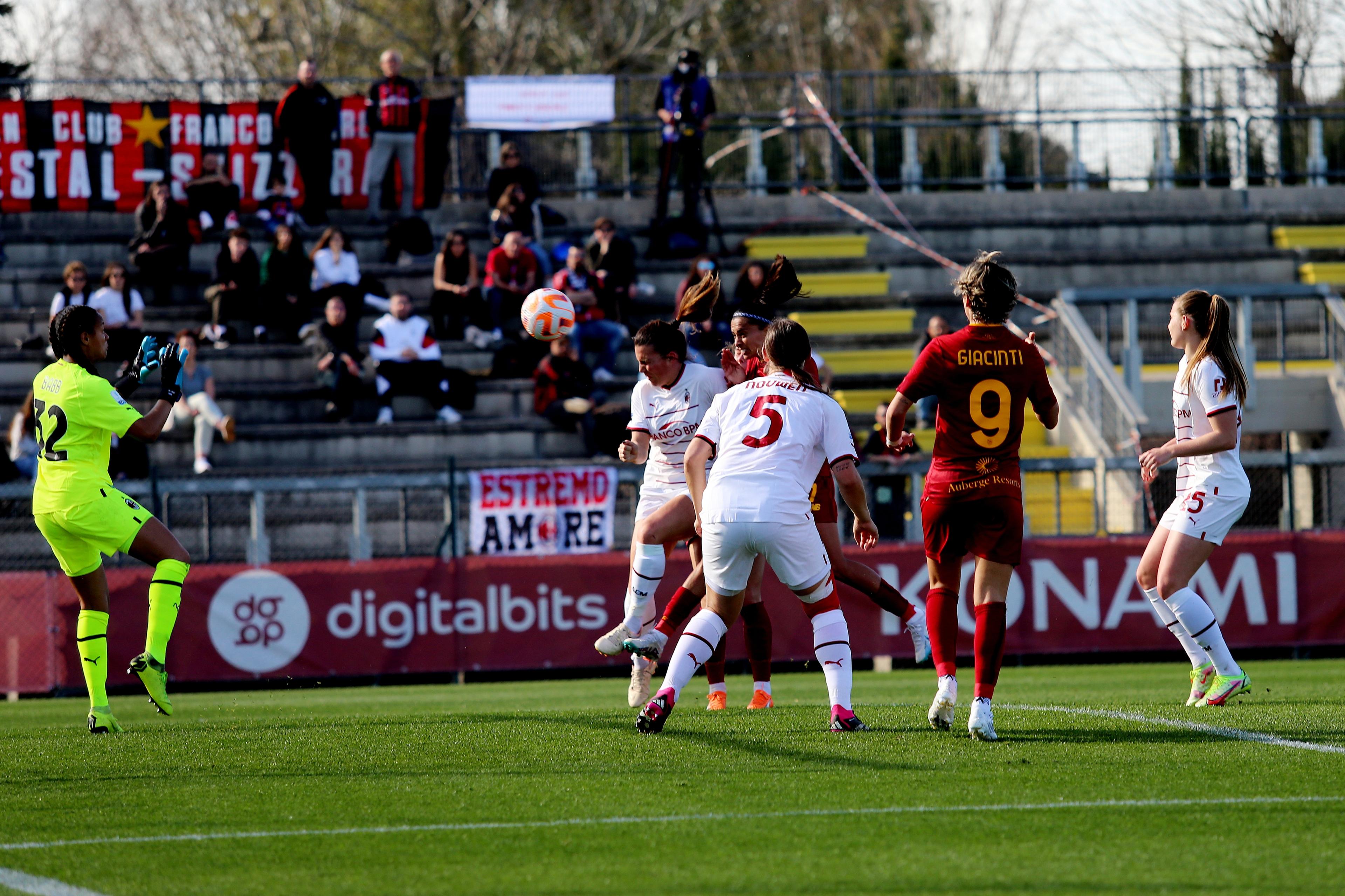ROME, ITALY - MARCH 11: Alves Da Silva Andressa of AS Roma scores the team's first goal during the Women Coppa Italia semifinal second leg match between AS Roma and Milan at Stadio Tre Fontane on March 11, 2023 in Rome, Italy. (Photo by Paolo Bruno/Getty Images)