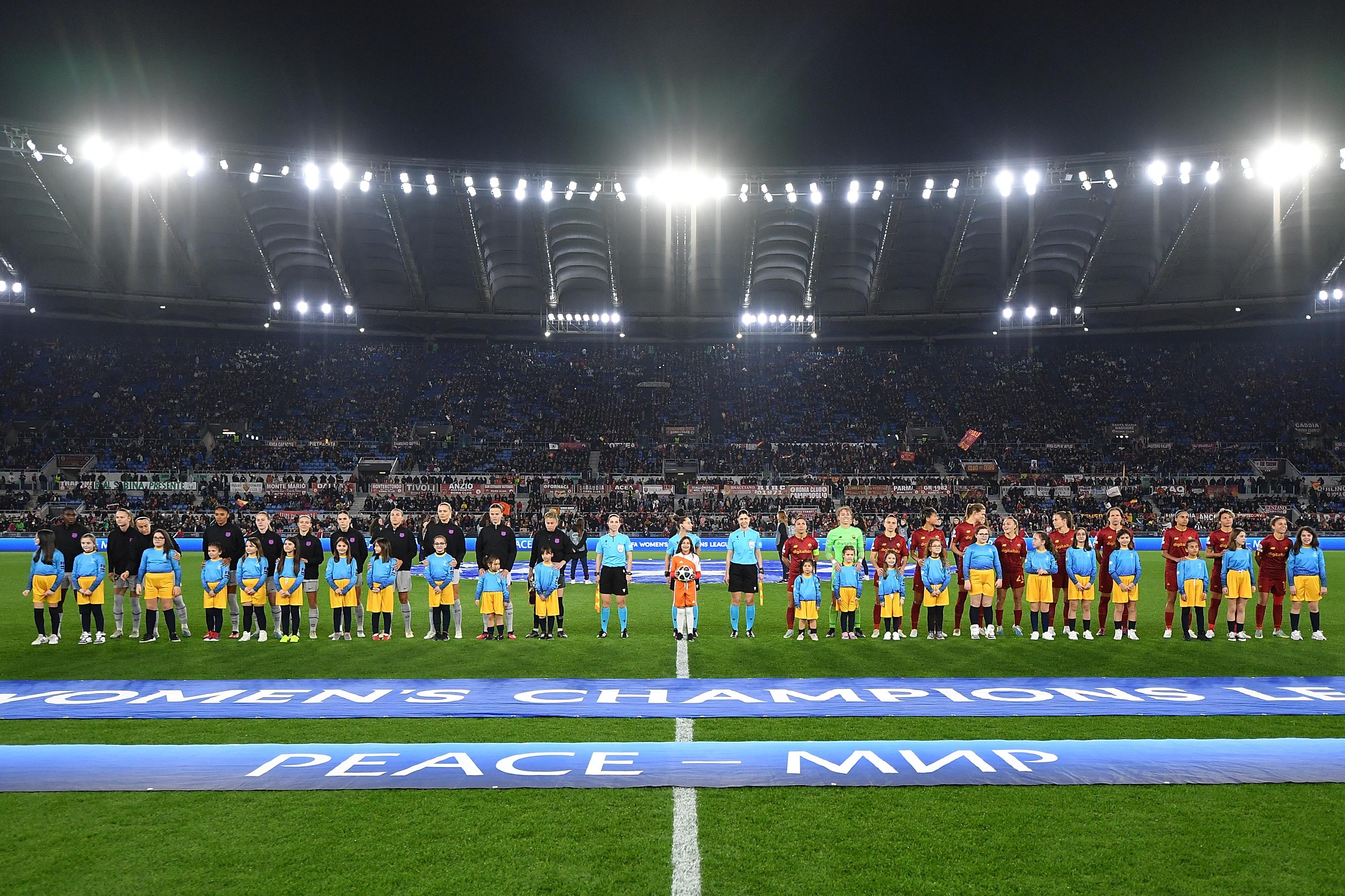 ROME, ITALY - MARCH 21: During the UEFA Women's Champions League quarter-final 1st leg match between AS Roma and FC Barcelona at Stadio Olimpico on March 21, 2023 in Rome, Italy. (Photo by Valerio Pennicino - UEFA/UEFA via Getty Images)