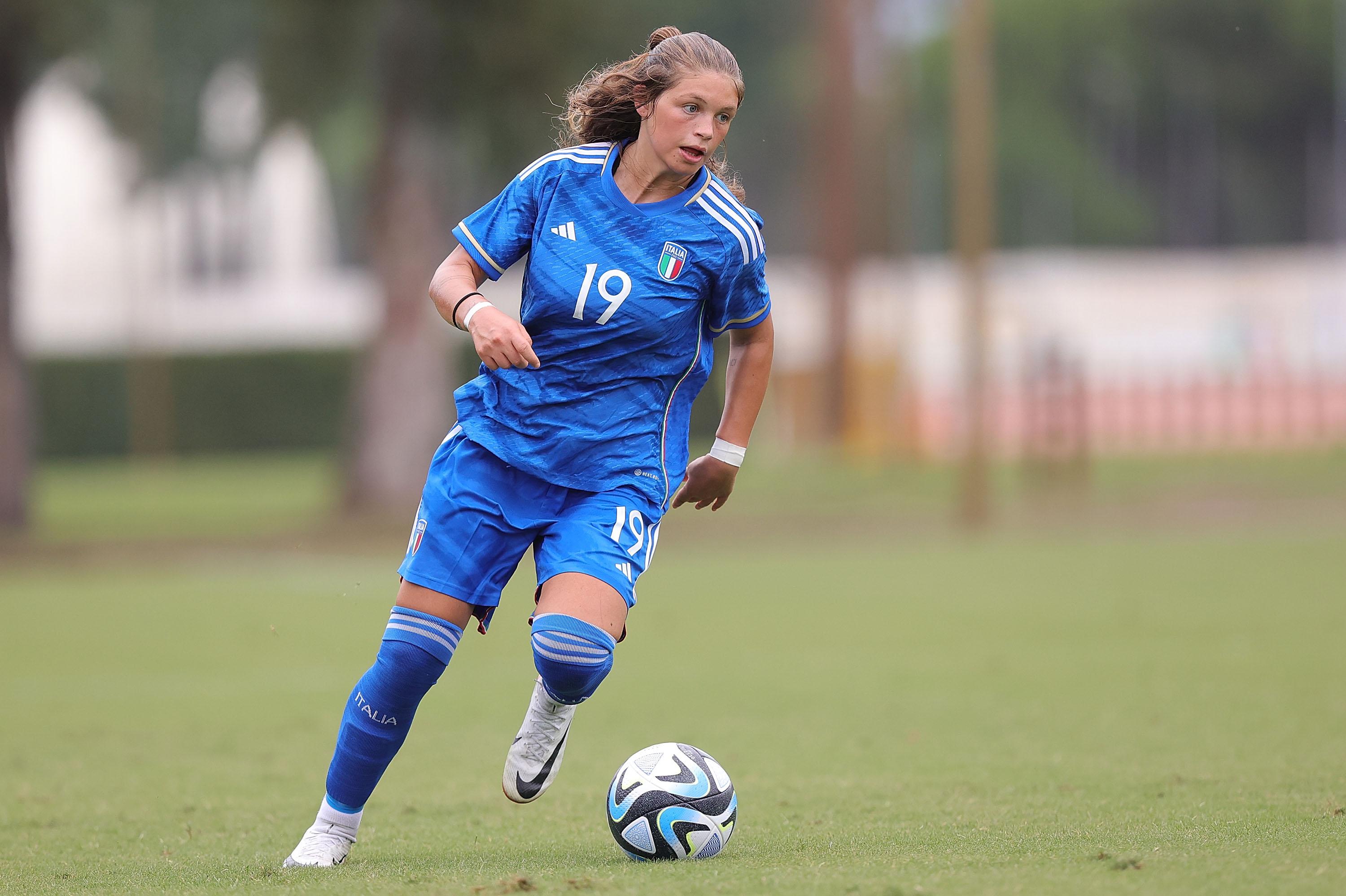 TIRRENIA, ITALY - SEPTEMBER 22: Manuela Sciabica of Italy Women U19 in action during the international friendly match between Italy U19 Women and Belgio U19 Women on September 22, 2023 in Tirrenia, Italy. (Photo by Gabriele Maltinti/Getty Images) *** Local Caption *** Manuela Sciabica