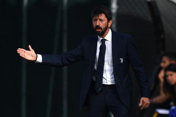 VINOVO, ITALY - OCTOBER 15:  Juventus U19 Women head coach Matteo Scarpa reacts during the match between Juventus U19 and Fiorentina U19 at Juventus Center Vinovo on October 15, 2023 in Vinovo, Italy.  (Photo by Valerio Pennicino - Juventus FC/Juventus FC via Getty Images)