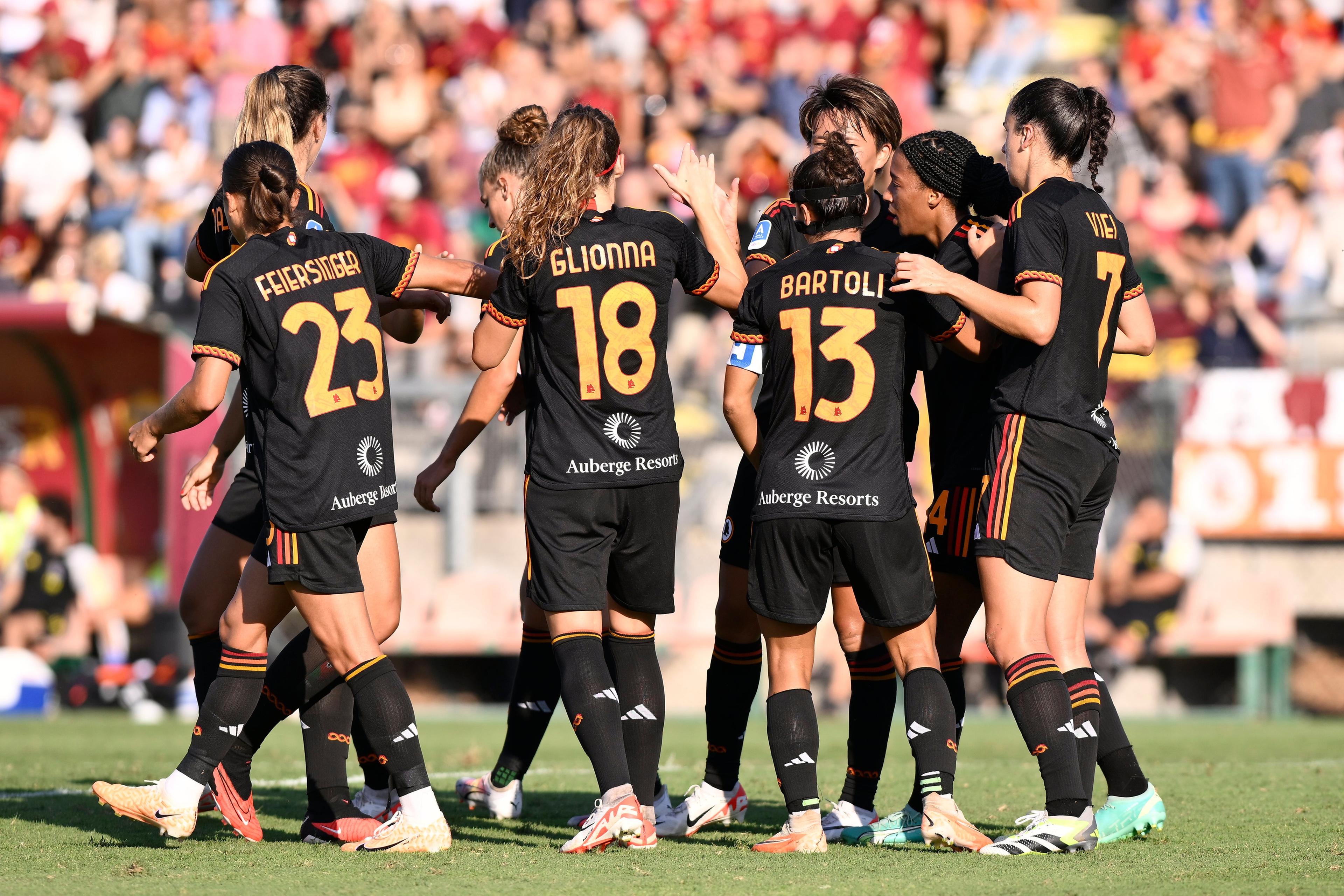 Evelyne Viens of A.S. Roma Women celebrates after scoring  4-1 during the 2nd day of the Serie A Championship between A.S. Roma Women - Como Women on September 30, 2023 at the Tre Fontane Stadium in Rome, Italy. (Photo by Domenico Cippitelli/NurPhoto via Getty Images)