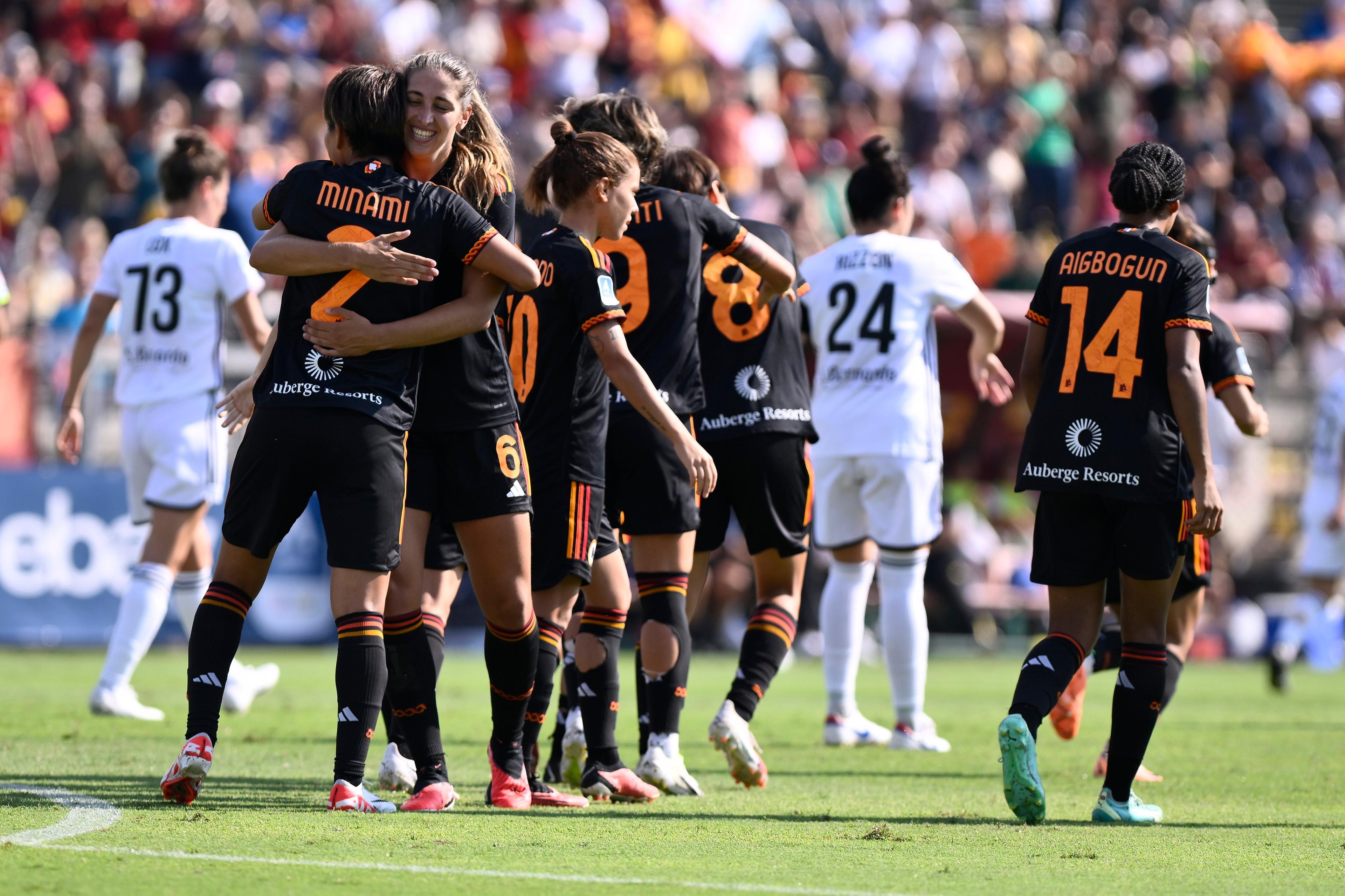 Saki Kumagai of A.S. Roma Women celebrates after scoring 1-0 during the 2nd day of the Serie A Championship between A.S. Roma Women - Como Women on September 30, 2023 at the Tre Fontane Stadium in Rome, Italy. (Photo by Domenico Cippitelli/NurPhoto via Getty Images)