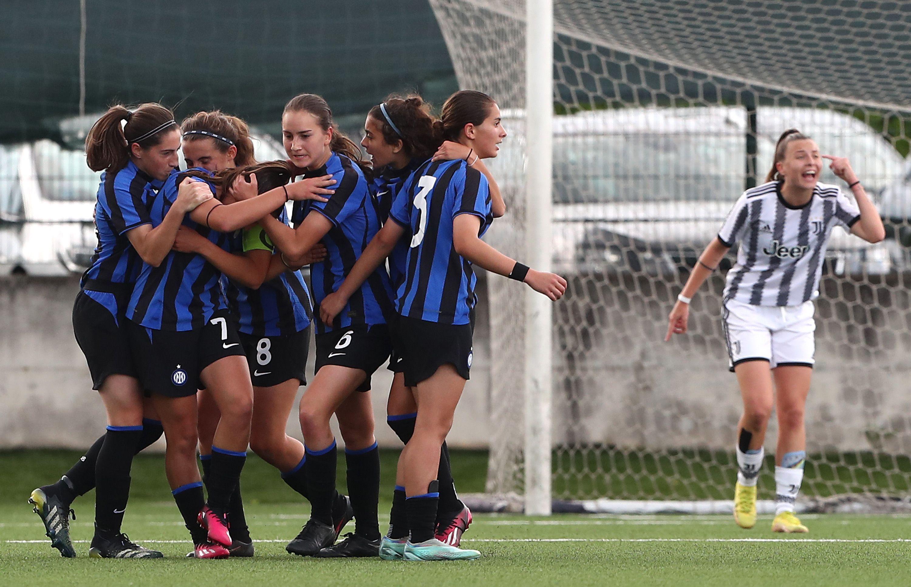 COLOGNO AL SERIO, ITALY - MAY 12: Beatrice Calegari of FC Internazionale celebrates her goal with her team-mates during the Women Primavera Final Four Semifinal match between Juventus FC and FC Internazionale at Centro Sportivo G.Facchetti on May 12, 2023 in Cologno al Serio, Italy. (Photo by Marco Luzzani/Getty Images)