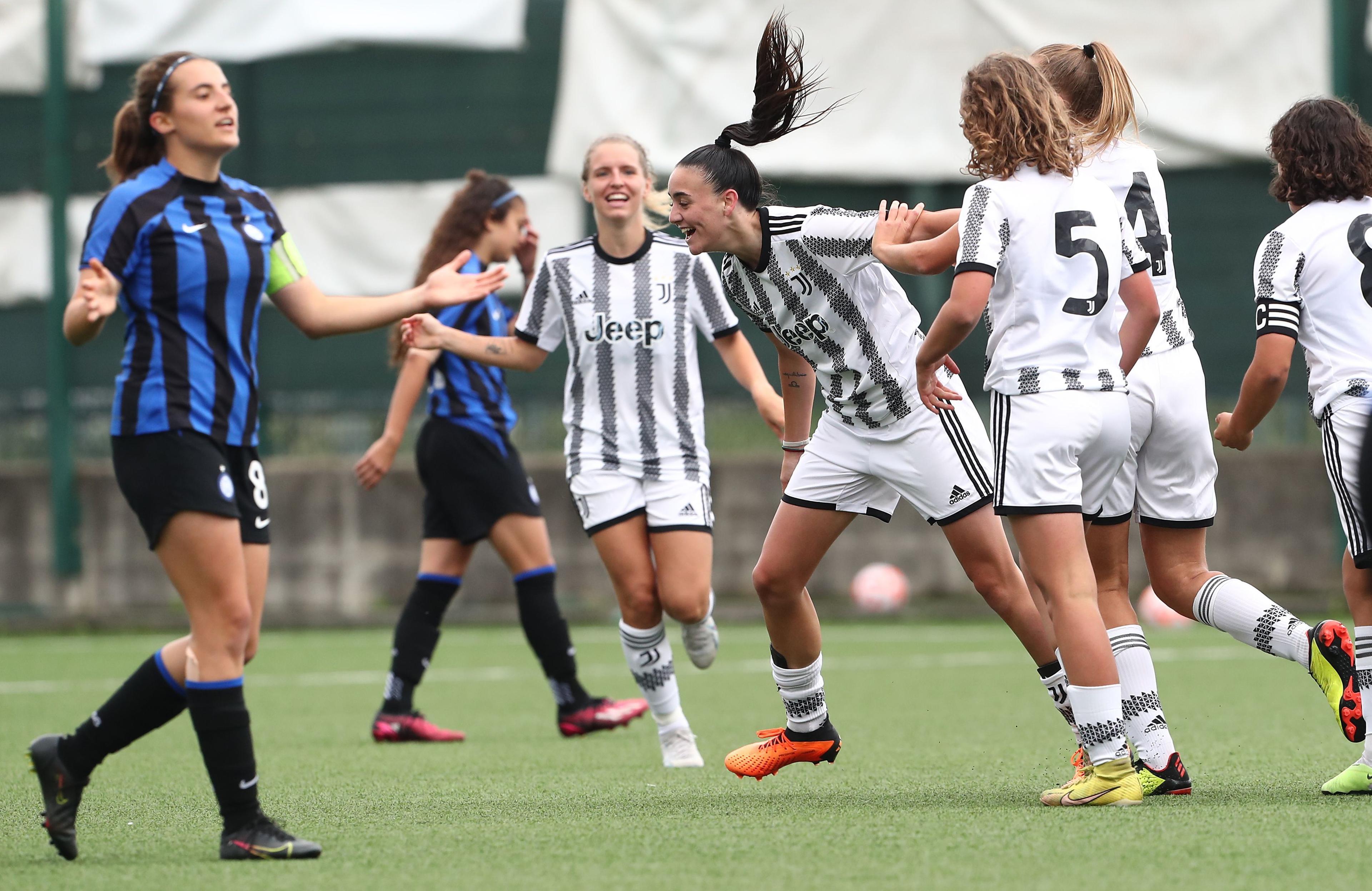 COLOGNO AL SERIO, ITALY - MAY 12: Ginevra Moretti of Juventus FC celebrates after scoring the opening goal during the Women Primavera Final Four Semifinal match between Juventus FC and FC Internazionale at Centro Sportivo G.Facchetti on May 12, 2023 in Cologno al Serio, Italy. (Photo by Marco Luzzani/Getty Images)