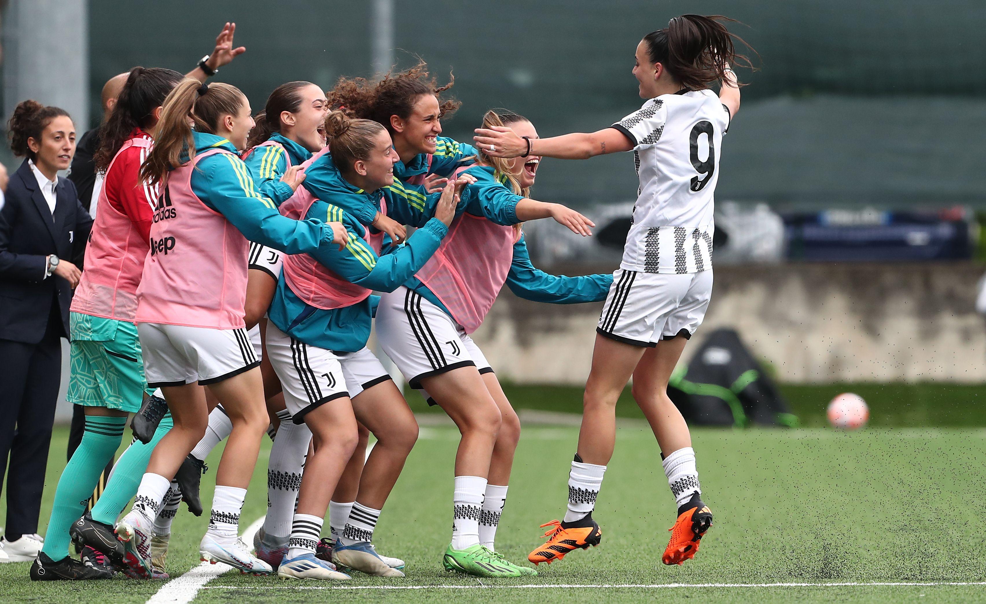 COLOGNO AL SERIO, ITALY - MAY 12: Ginevra Moretti of Juventus FC celebrates with her team-mates after scoring the opening goal during the Women Primavera Final Four Semifinal match between Juventus FC and FC Internazionale at Centro Sportivo G.Facchetti on May 12, 2023 in Cologno al Serio, Italy. (Photo by Marco Luzzani/Getty Images)
