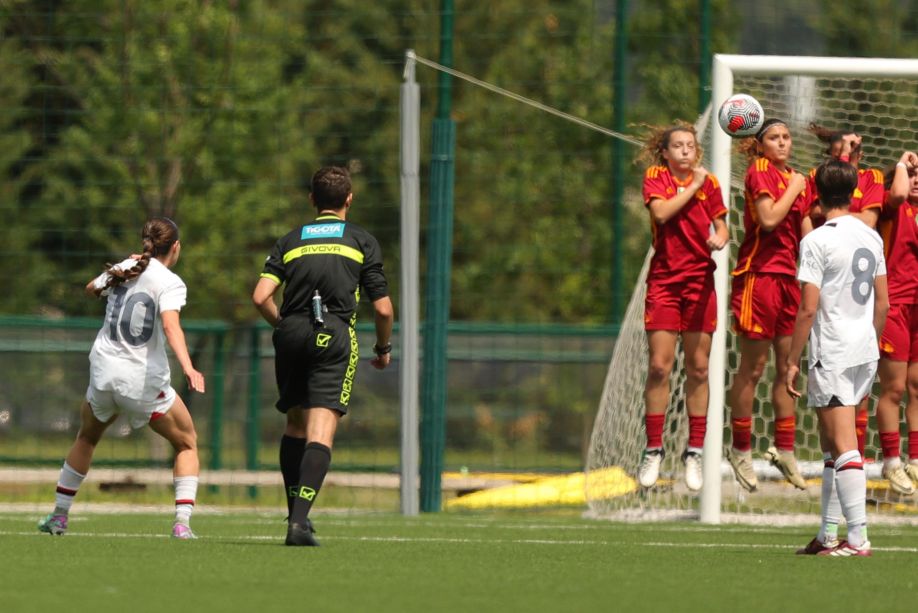 FLORENCE, ITALY - MAY 9: Sara Stokic of AC Milan U19 Women scores a goal during the Primavera 1 Semi-final match between AS Roma U19 and AC Milan U19 on May 9, 2024 in Florence, Italy. (Photo by Gabriele Maltinti/Getty Images) *** Local Caption *** Sara Stokic