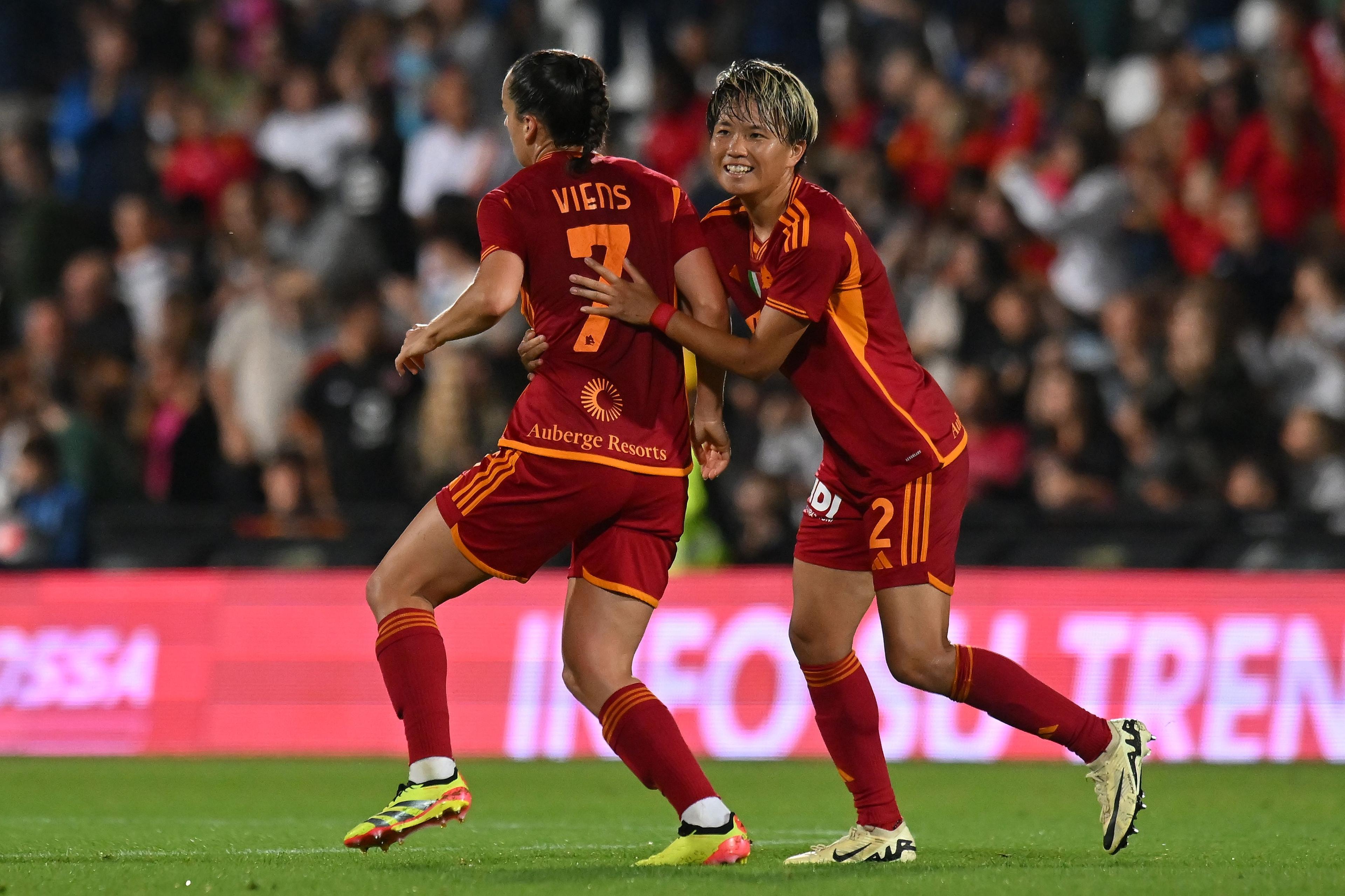 CESENA, ITALY - MAY 24: Evelyne Viens of AS Roma celebrates after scoring his team third goal during the Women Supercup match betweeen AS Roma and ACF Fiorentina at Dino Manuzzi Stadium on May 24, 2024 in Cesena, Italy. (Photo by Alessandro Sabattini/Getty Images)