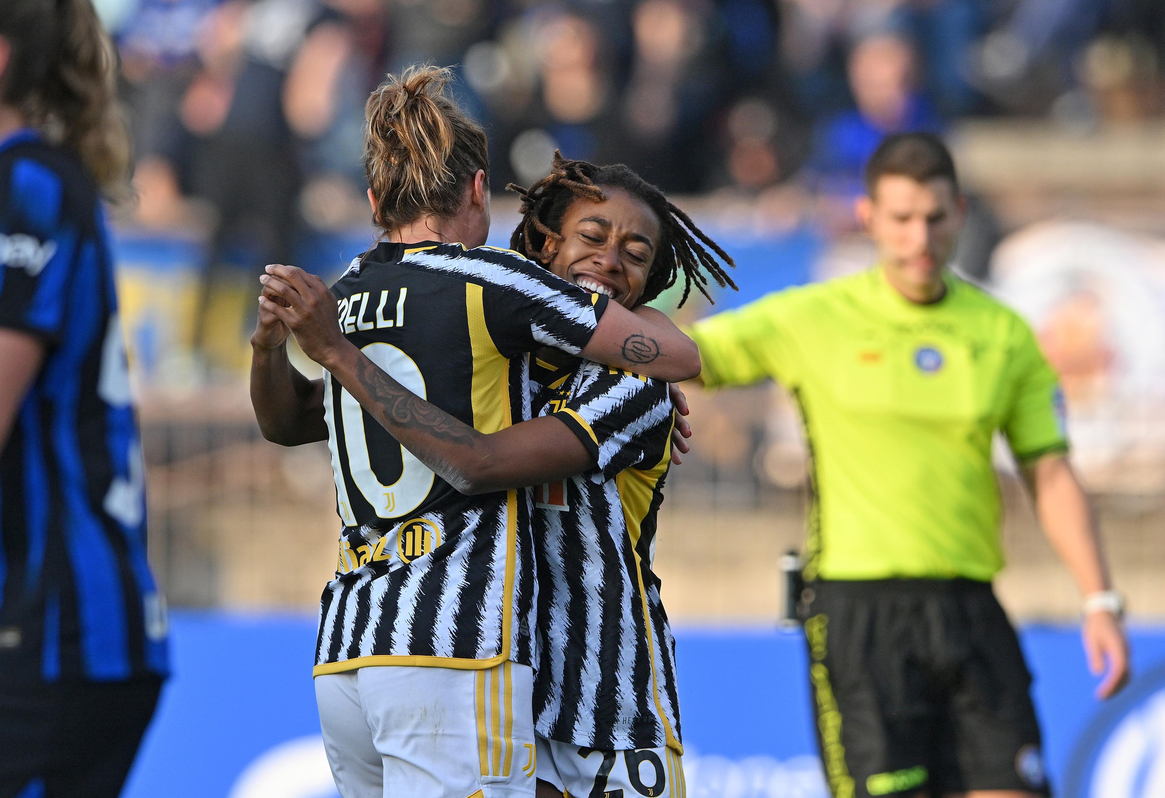 MILAN, ITALY - MARCH 17: Jennifer Echegini of Juventus Women celebrates goal with teammate Cristiana Girelli of Juventus Women during the Women Serie A Playoffs match between FC Internazionale and Juventus at Arena Civica Gianni Brera on March 17, 2024 in Milan, Italy. (Photo by Chris Ricco/Getty Images)