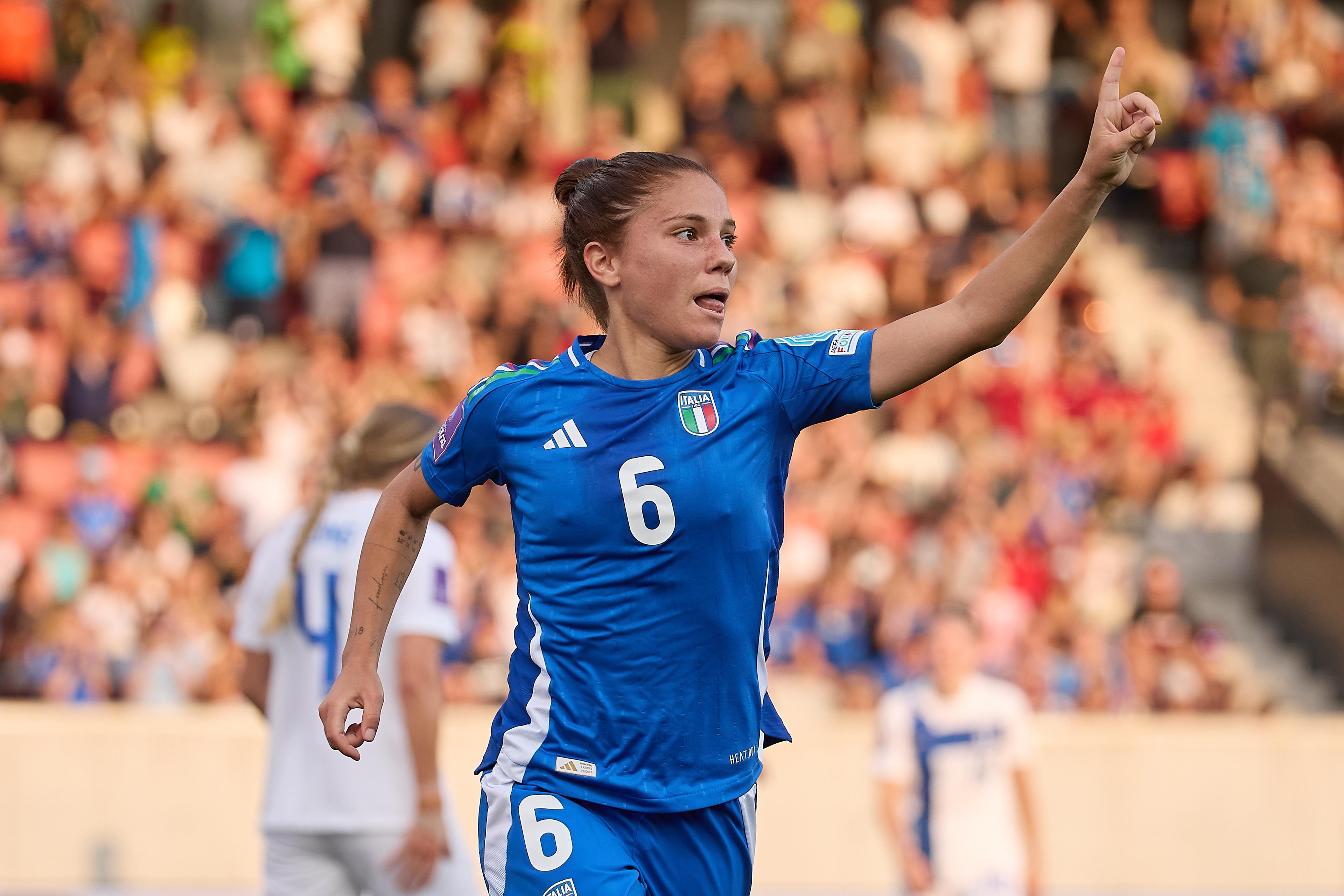 BOLZANO, ITALY - JULY 16: Manuela Giugliano of Italy celebrates after scoring her team's second goal during the Women's EURO 2025 European Qualifiers match between Italy and Finland at Stadio Druso on July 16, 2024 in Bolzano, Italy. (Photo by Emmanuele Ciancaglini/Getty Images)