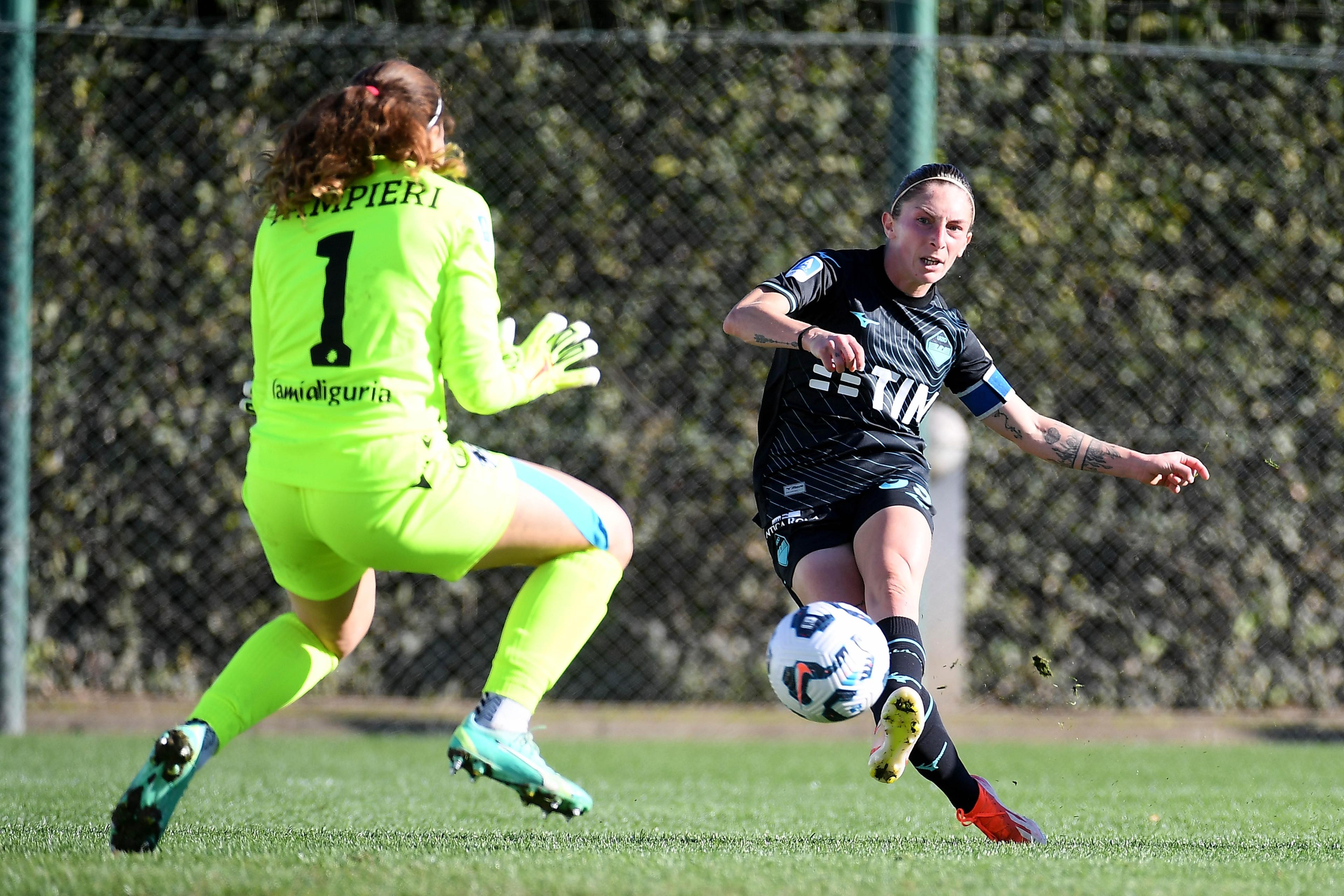 ROME, ITALY - NOVEMBER 23: Noemi Viventin of SS Lazio kicks the ball  during the Seria A women match between SS Lazio v Sampdoria women at the Formello sport centre on November 23, 2024 in Rome, Italy. (Photo by Marco Rosi - SS Lazio/Getty Images)