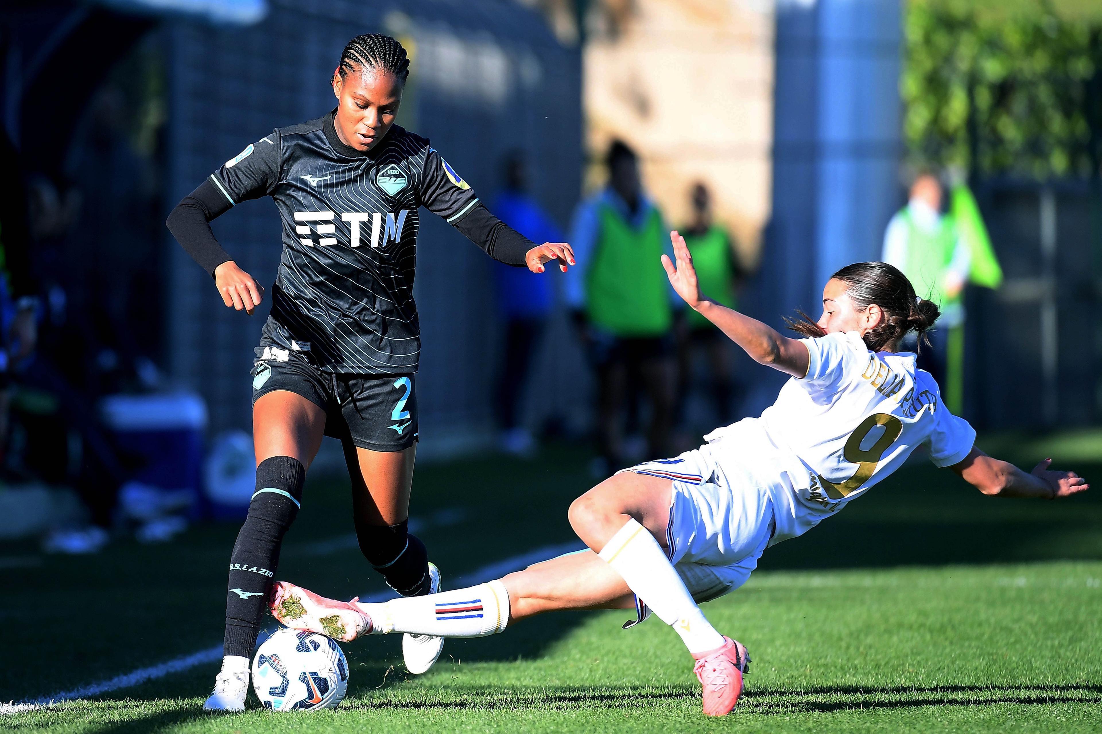 ROME, ITALY - NOVEMBER 23: Carina Baltrip Reyes of SS Lazio compete for the ball with Victoria Delle Peruta of Sampdoria women during the Seria A women match between SS Lazio v Sampdoria women at the Formello sport centre on November 23, 2024 in Rome, Italy. (Photo by Marco Rosi - SS Lazio/Getty Images)