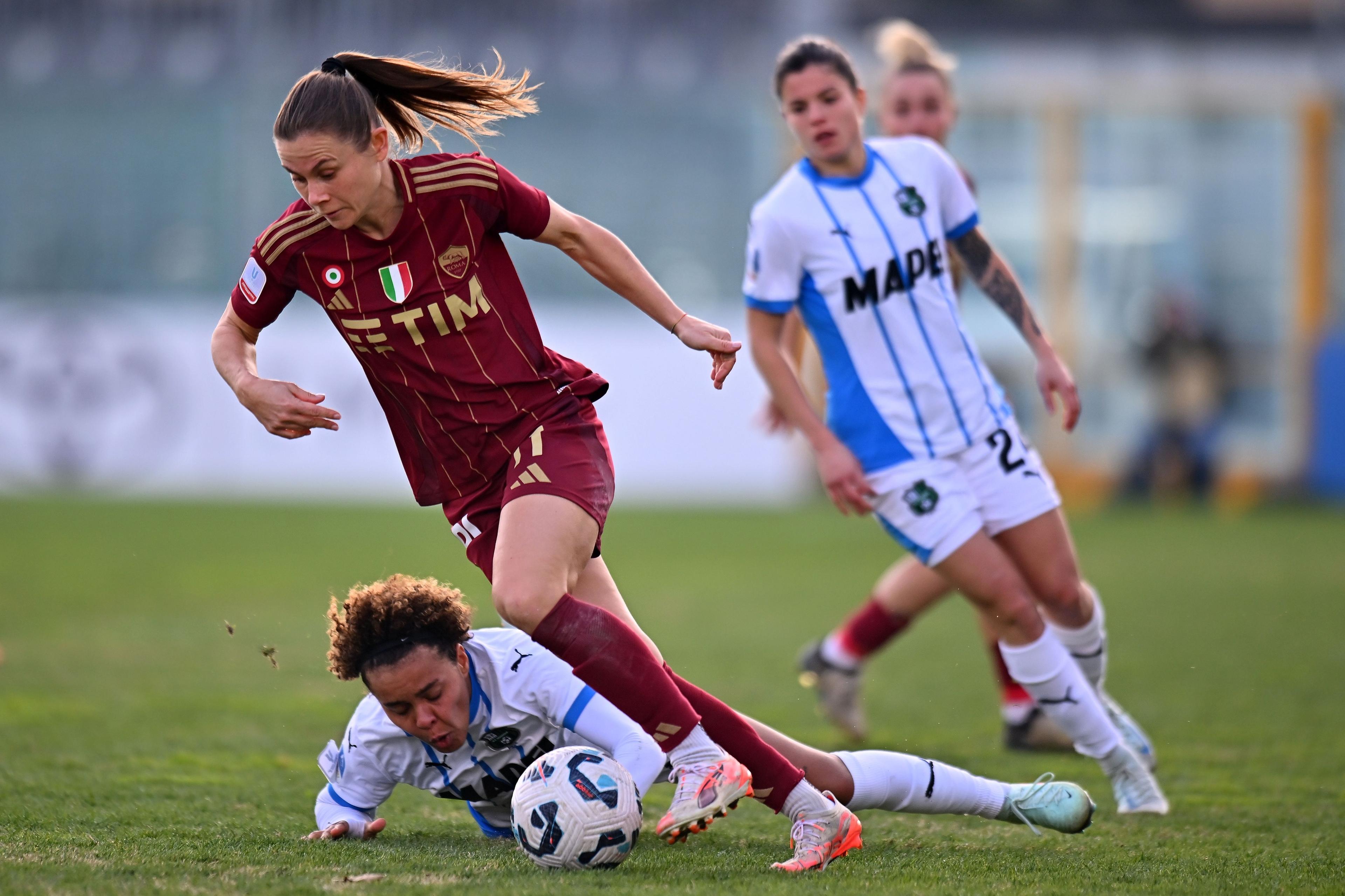 SASSUOLO, ITALY - FEBRUARY 15: Emilie Haavi of Roma during the Women Coppa Italia match between Sassuolo and AS Roma at Enzo Ricci Stadium on February 15, 2025 in Sassuolo, Italy. (Photo by AS Roma/AS Roma via Getty Images)