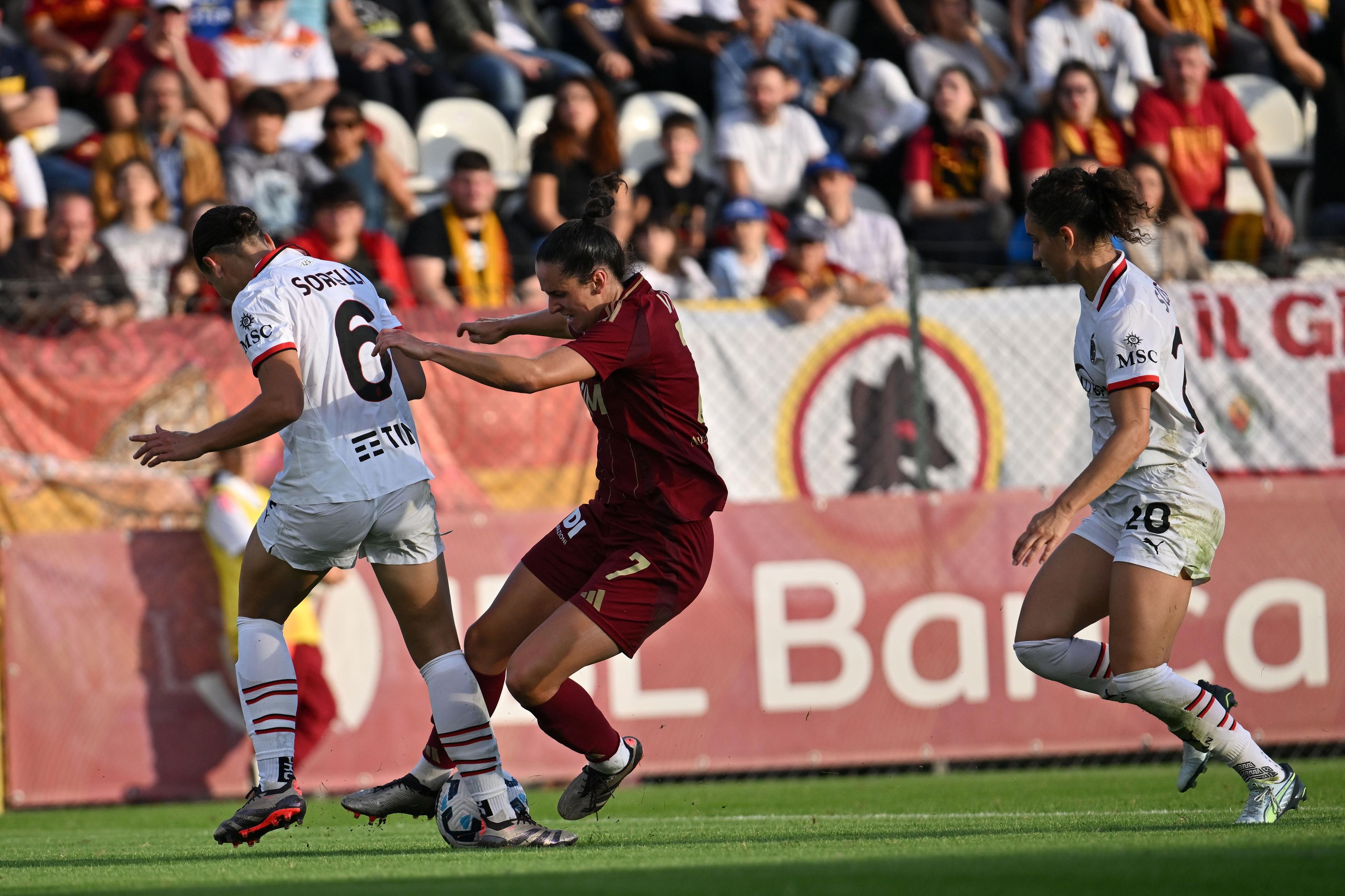Nadine Sorelli (Milan Women) Evelyne Viens (Roma Women)Angelica Soffia (Milan Women) ; October 20; 2024 - Football : Italian championship 2024 2025 Femminile ; 7°Day ; match between Roma Women 2-1 Milan Women at Tre Fontane Stadium ; Roma, Italy; ;( photo by aicfoto)(ITALY) [0855]