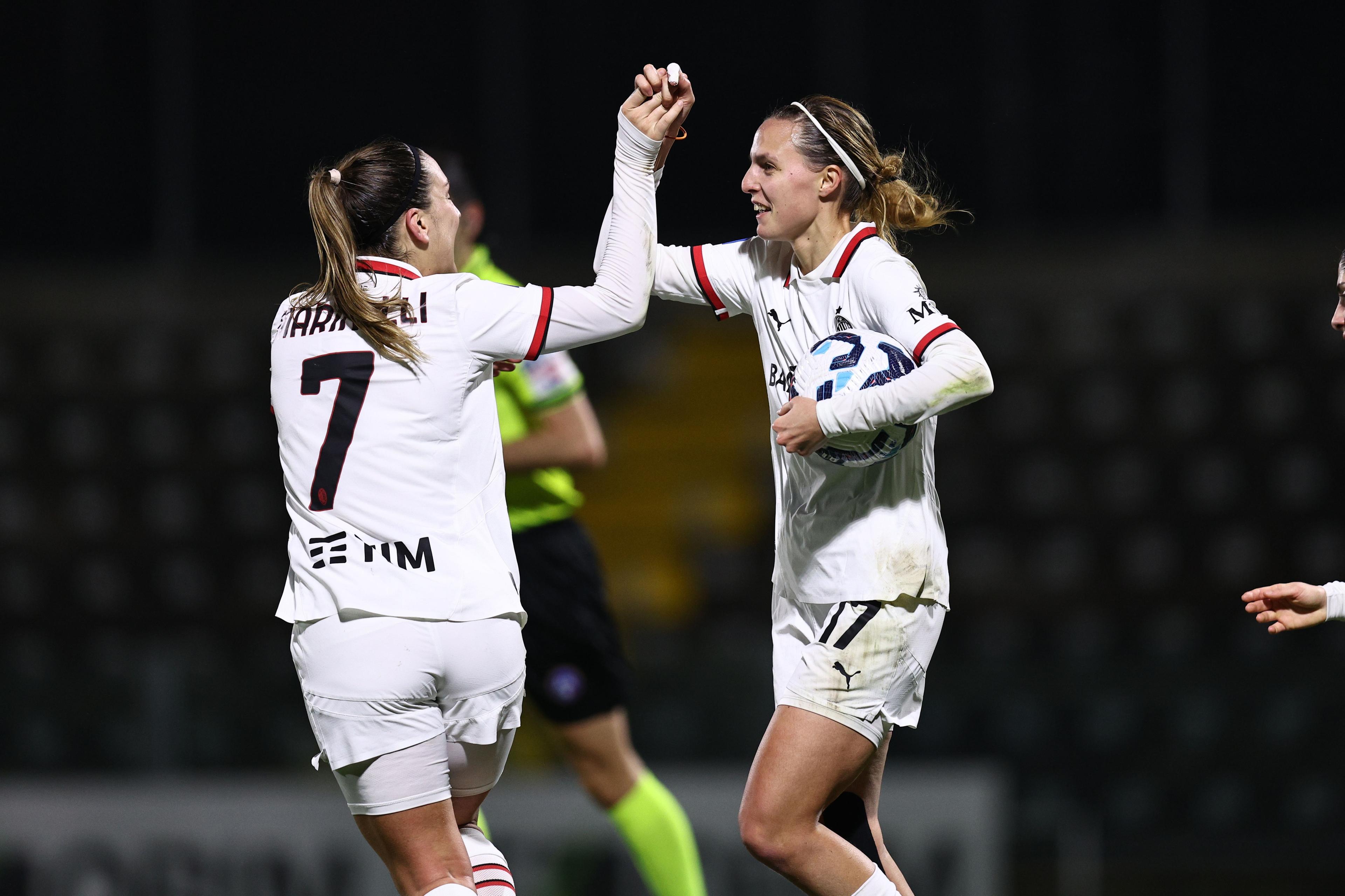 Valery Vigilucci (Milan Women)Gloria Marinelli (Milan Women) ; February 1; 2025 - Football : Italian championship 2024 2025 Femminile ; 17°Day; match between Sassuolo Women 2-3 Milan Women at Enzo Ricci Stadium ; Sassuolo, Italy; ;( photo by aicfoto)(ITALY) [0855]